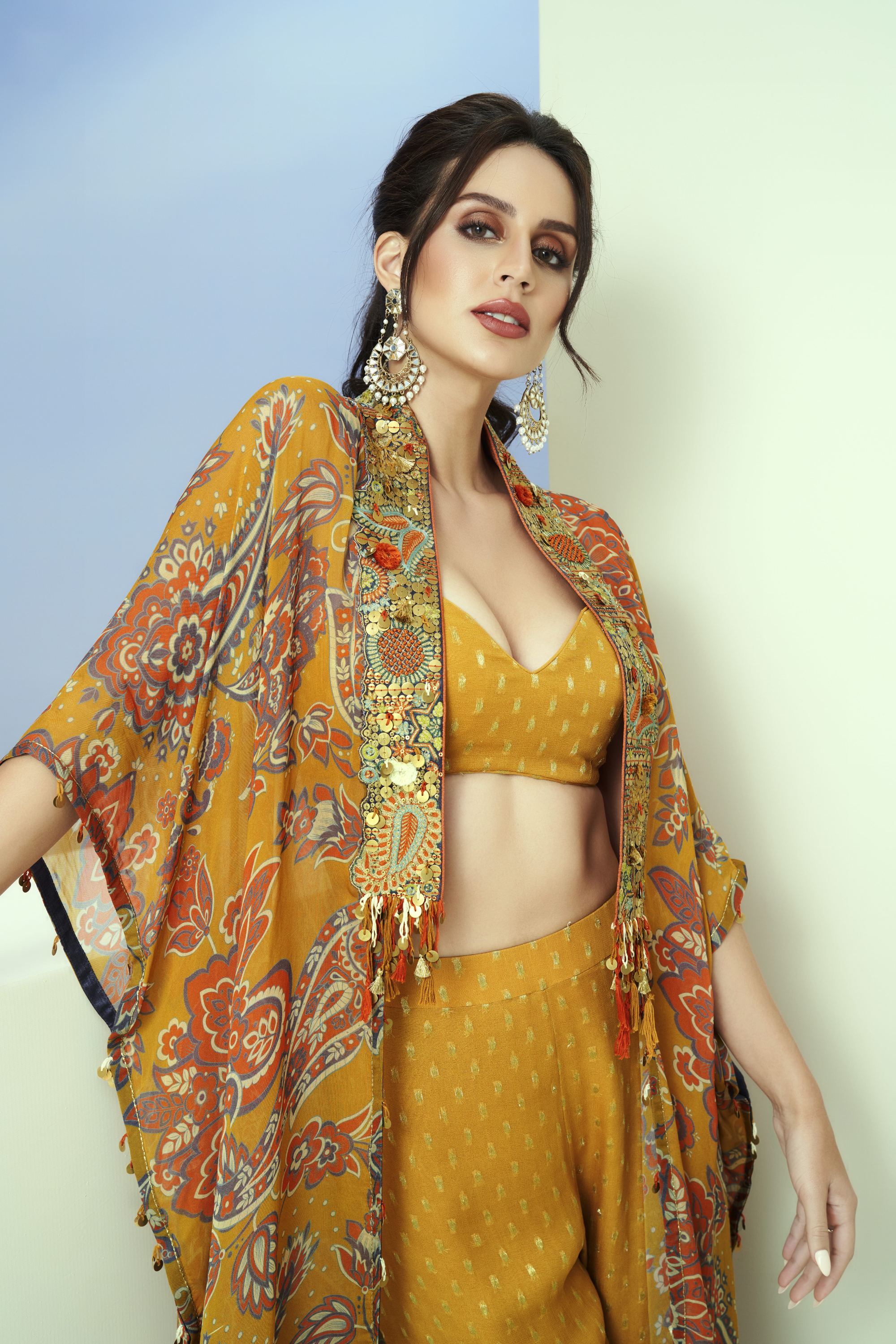 Yellow Printed Organza Collar Emb. Longline Kaftan