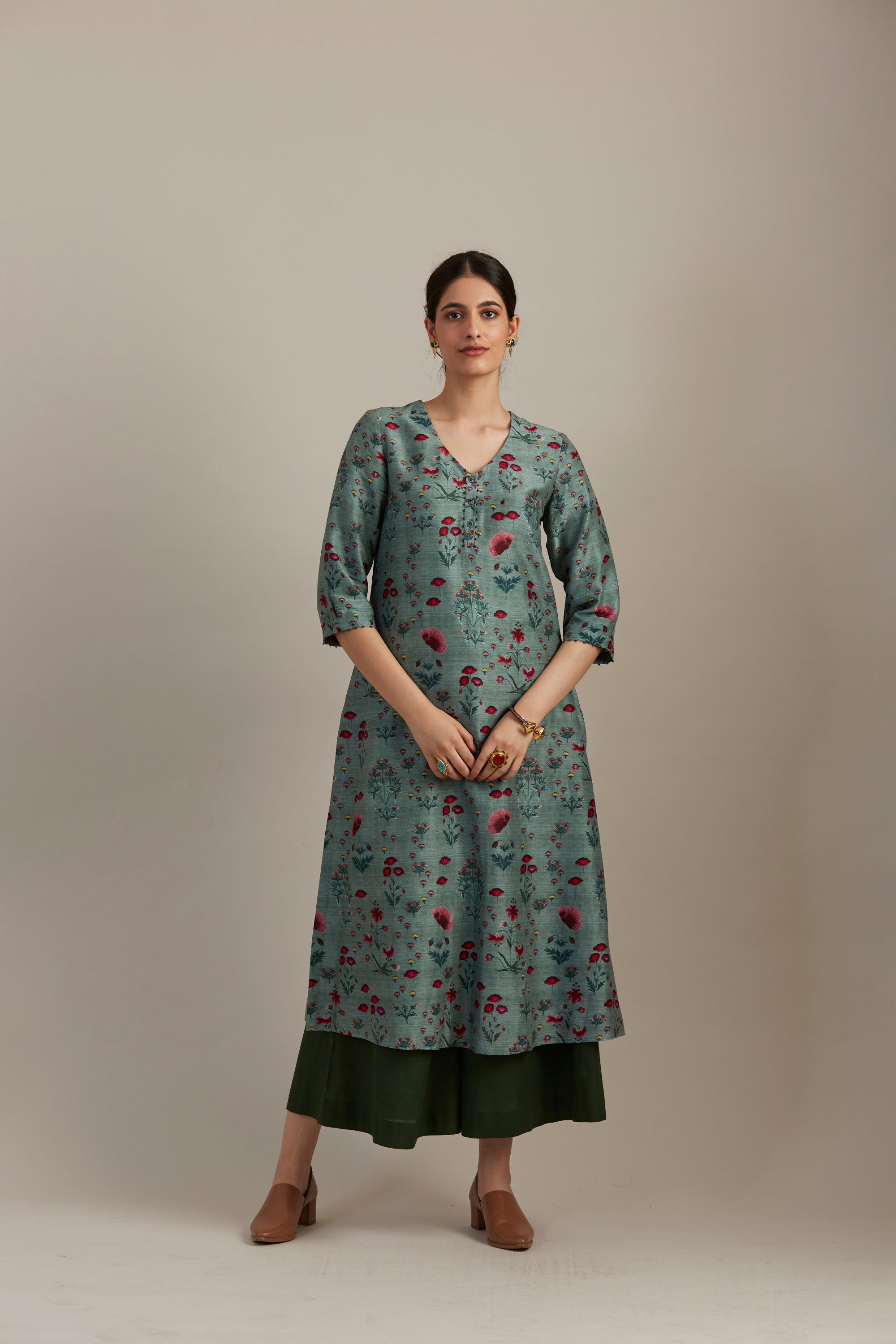 Celadon Floral Boota Print Silk Chanderi Kurta