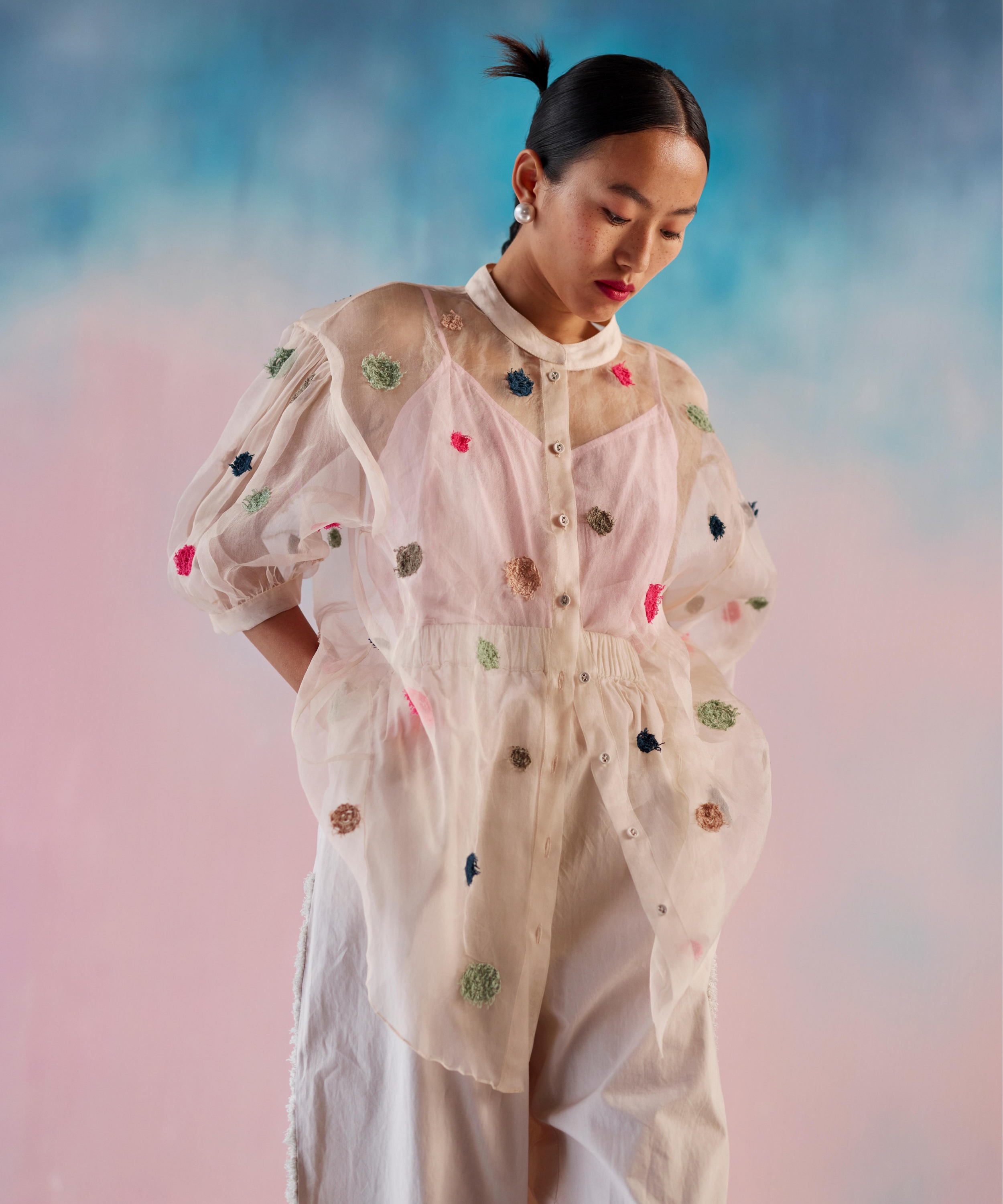 Organza Multicolor Moss Emb Dots Shirt With Inner