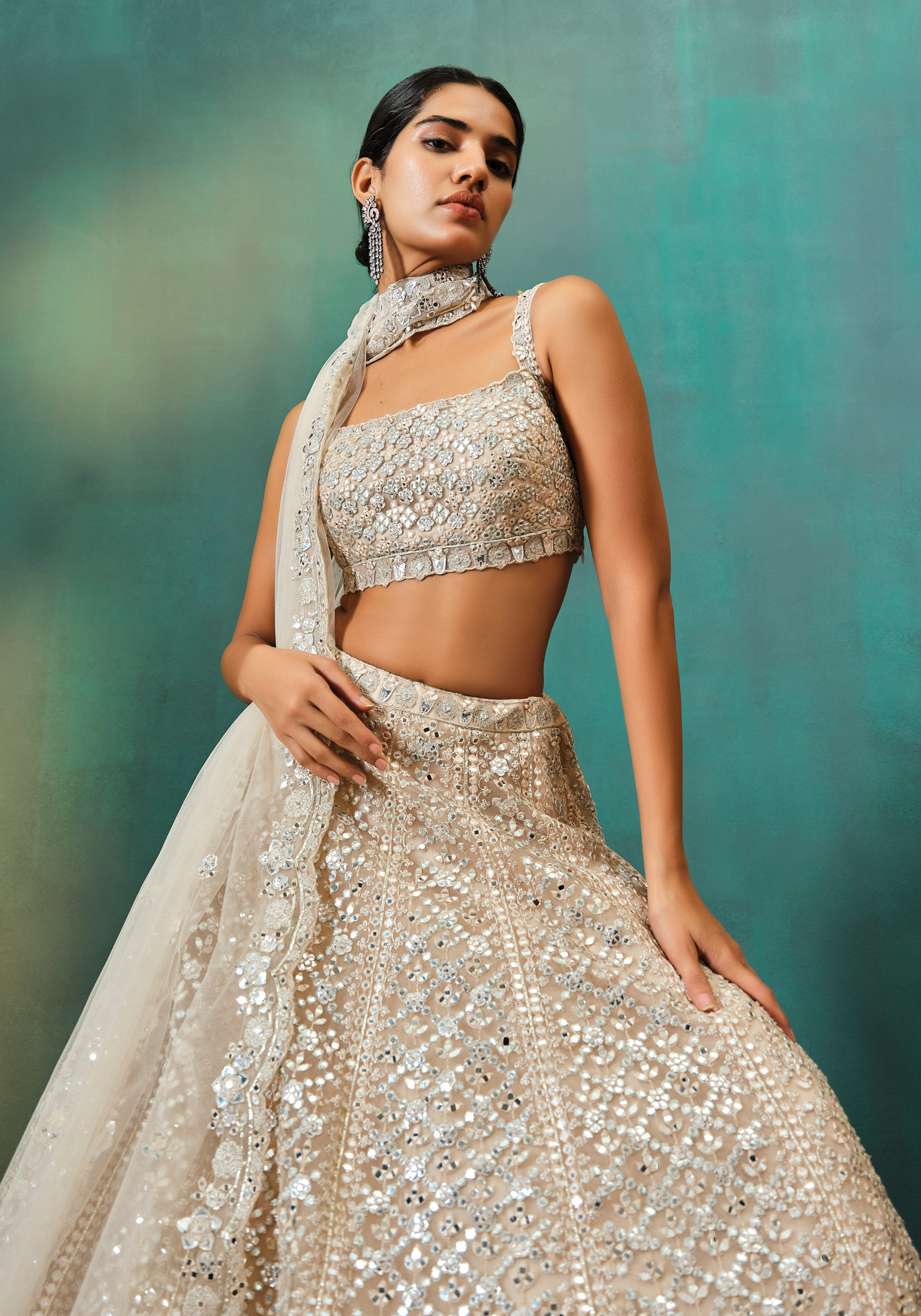 Blush Checks Floral Net Lehenga