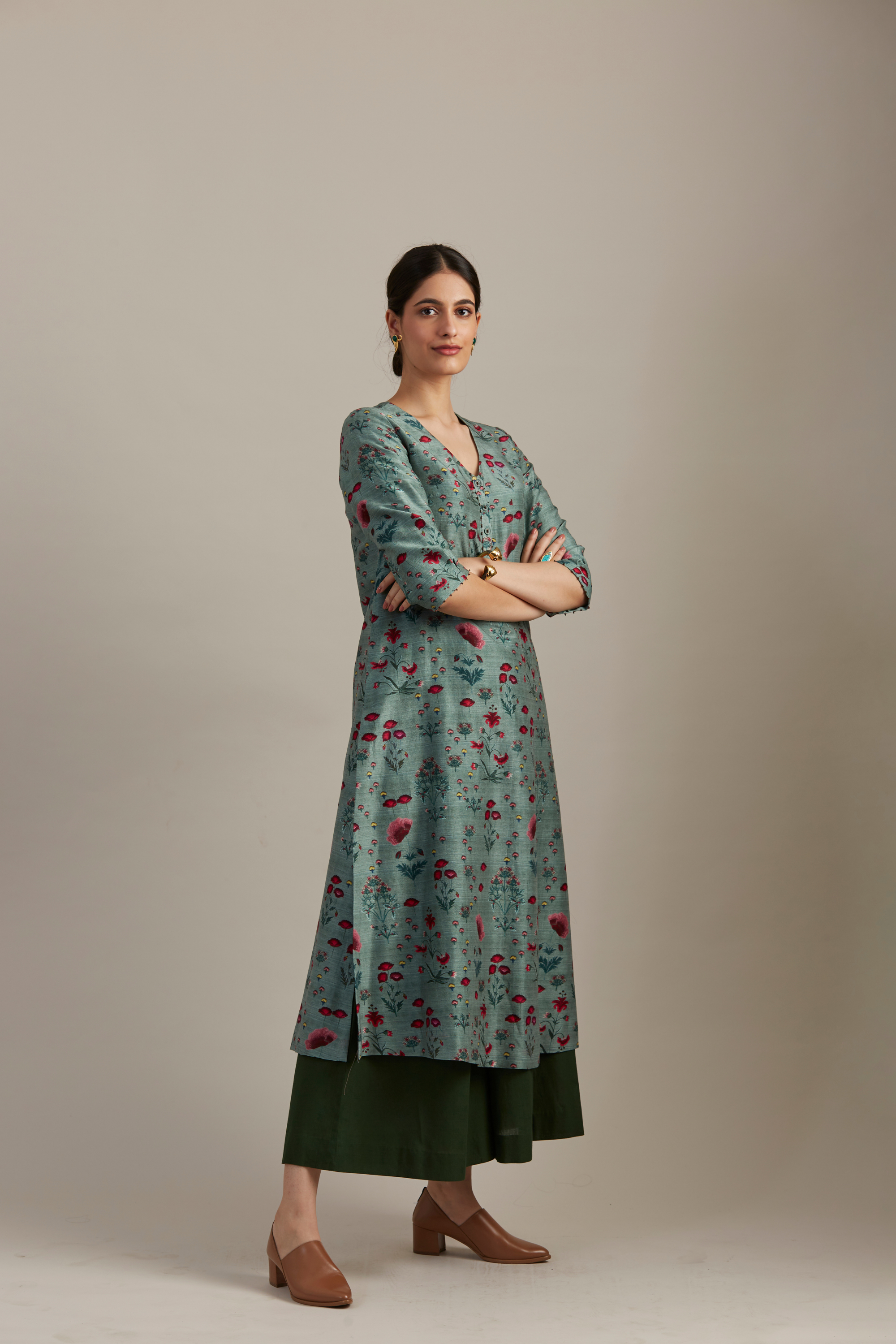 Celadon Floral Boota Print Silk Chanderi Kurta