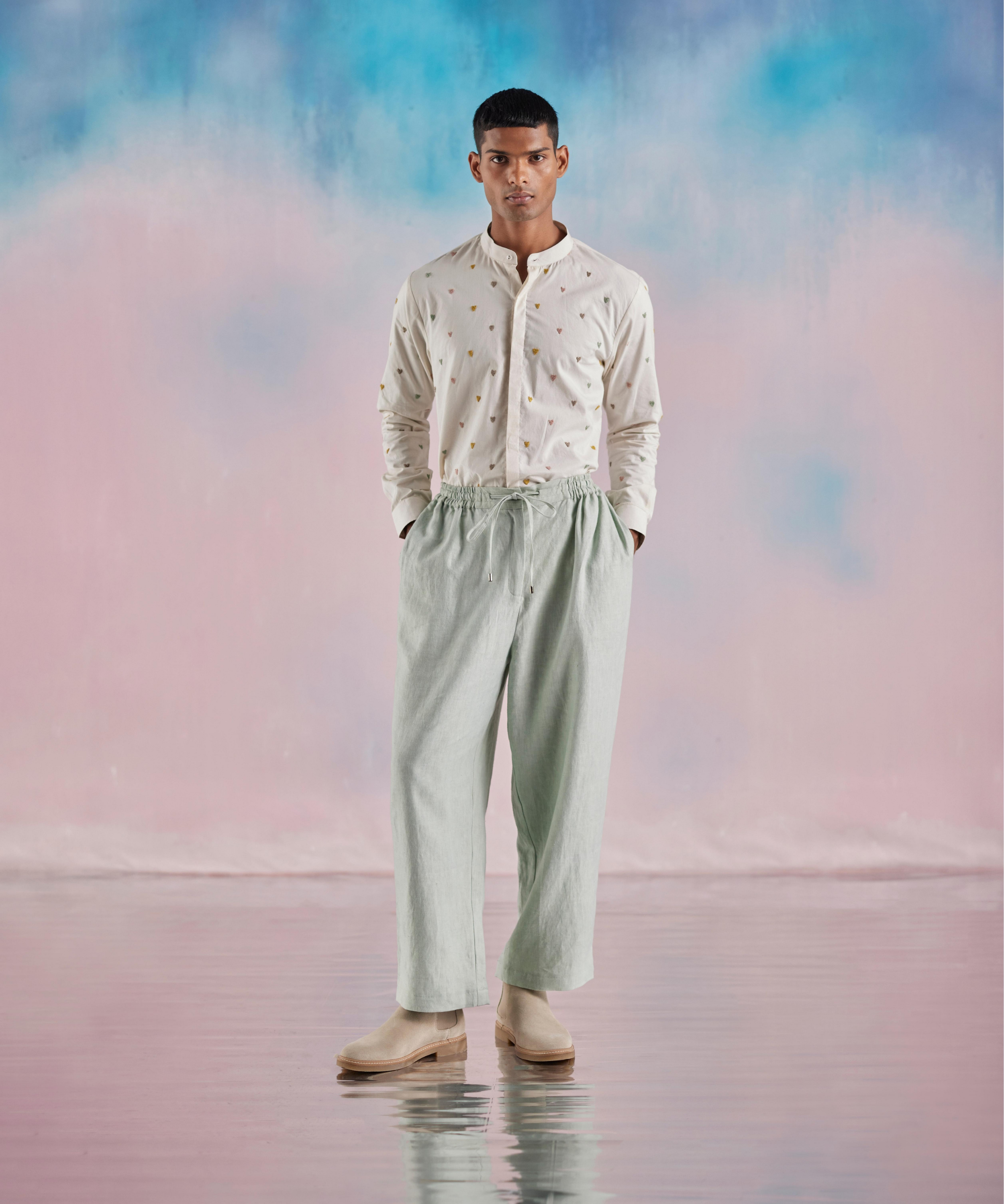 Multicolor Heart Moss Emb Mandarin Collar Shirt