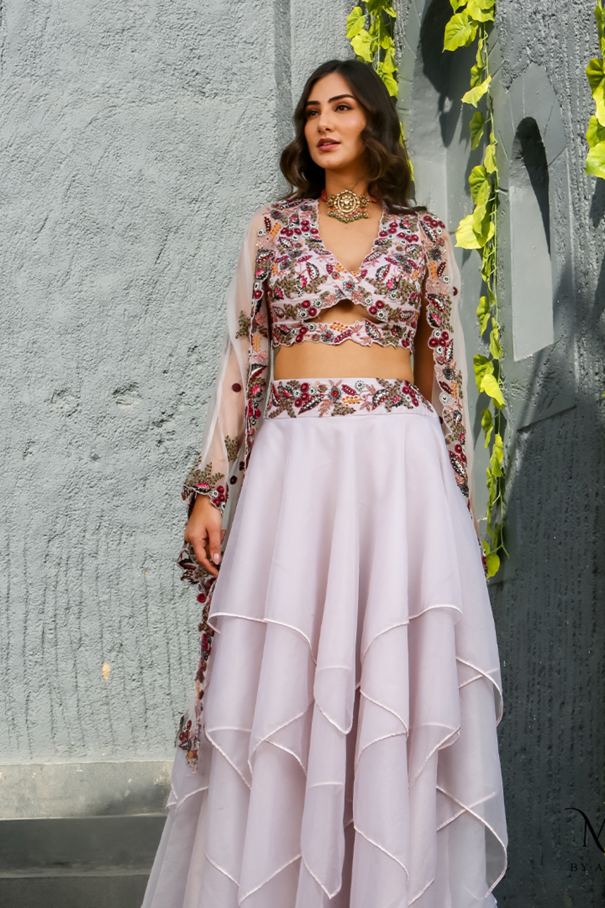 Adira- Embroidered Lavender Cape Skirt Set