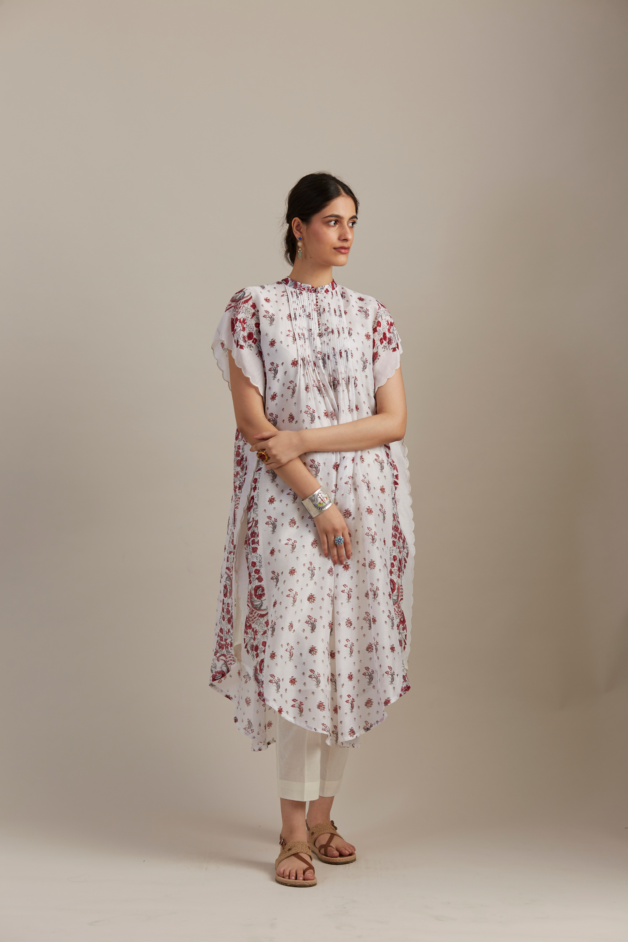 Ivory Silk Chanderi Floral Printed With Curved Edges Kurta