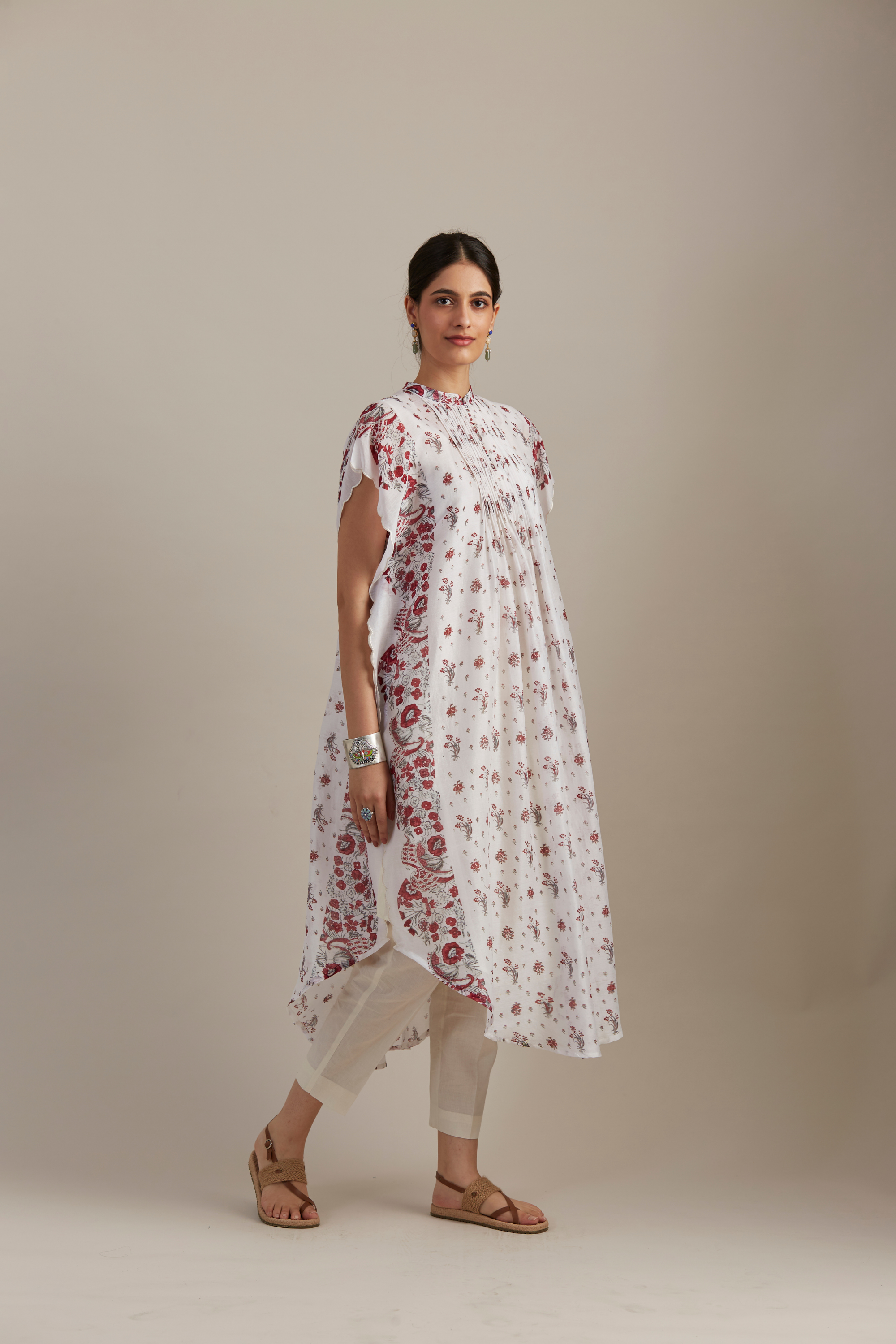 Ivory Silk Chanderi Floral Printed With Curved Edges Kurta