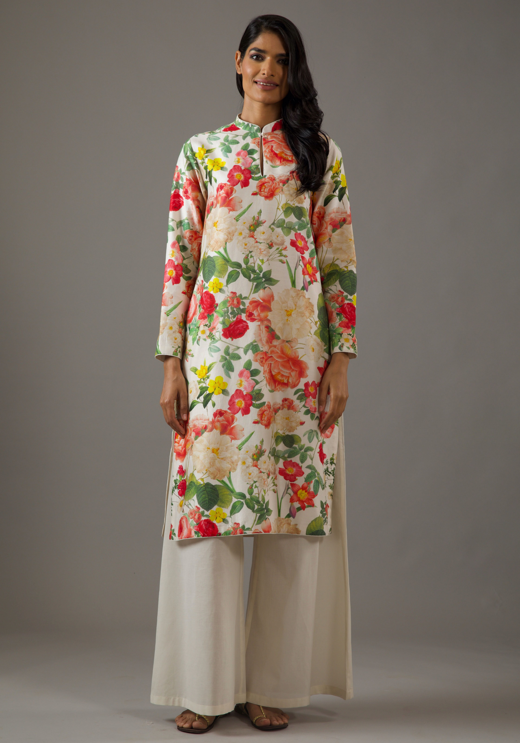 Chanderi Silk Ivory Floral Printed Tunic Set