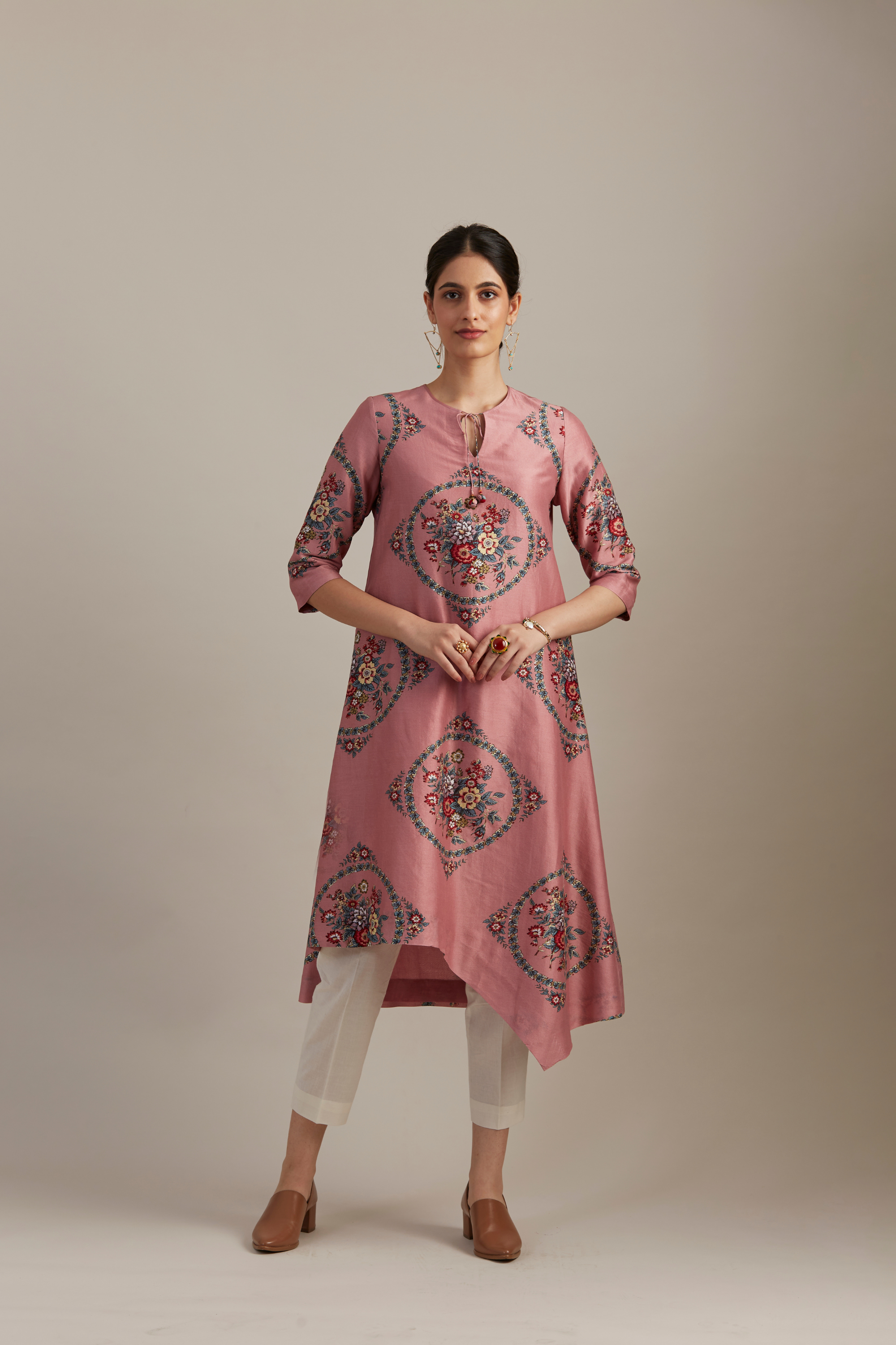 Salmon Pink Silk Chanderi Bloomcycle Printed Kurta