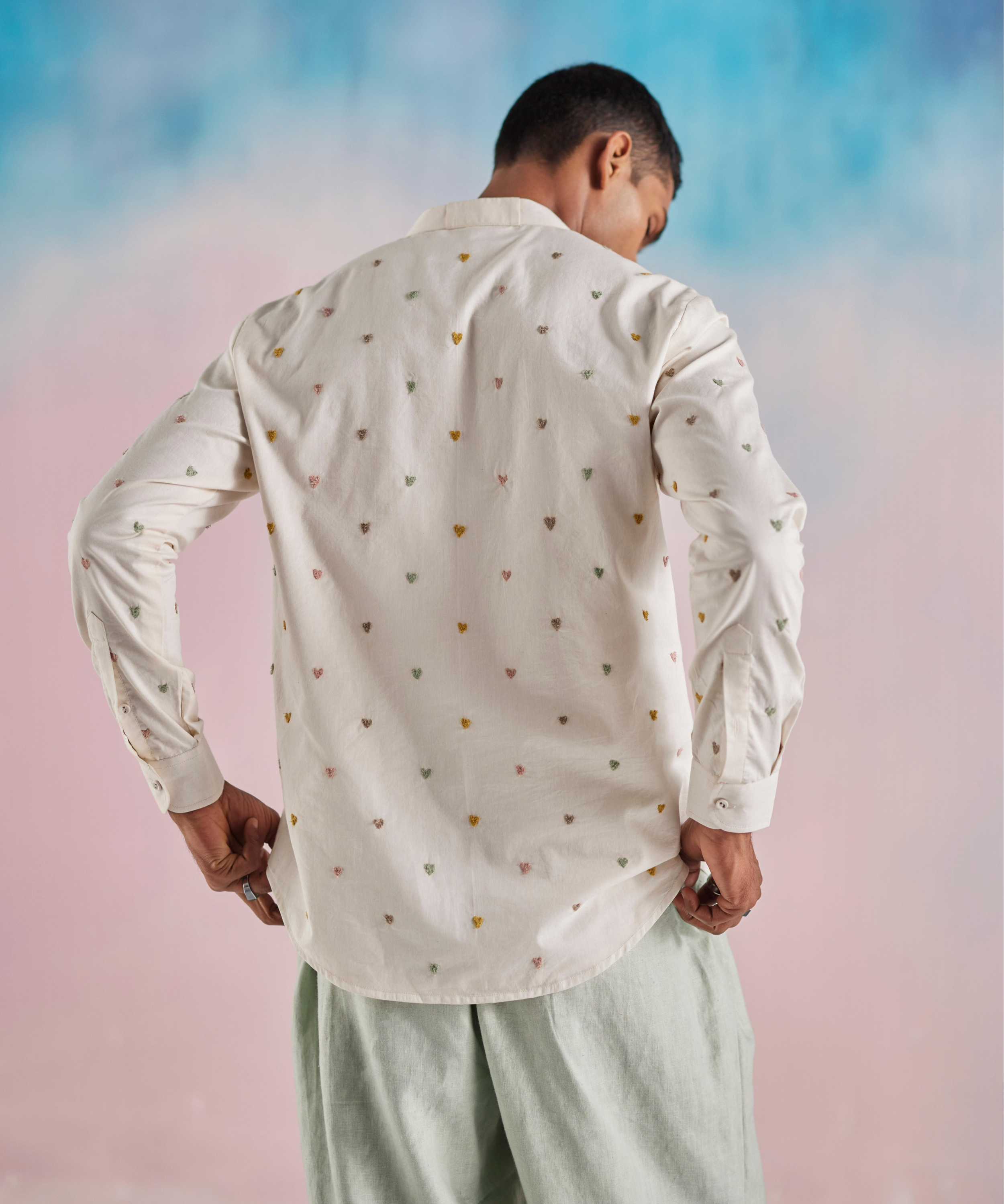Multicolor Heart Moss Emb Mandarin Collar Shirt