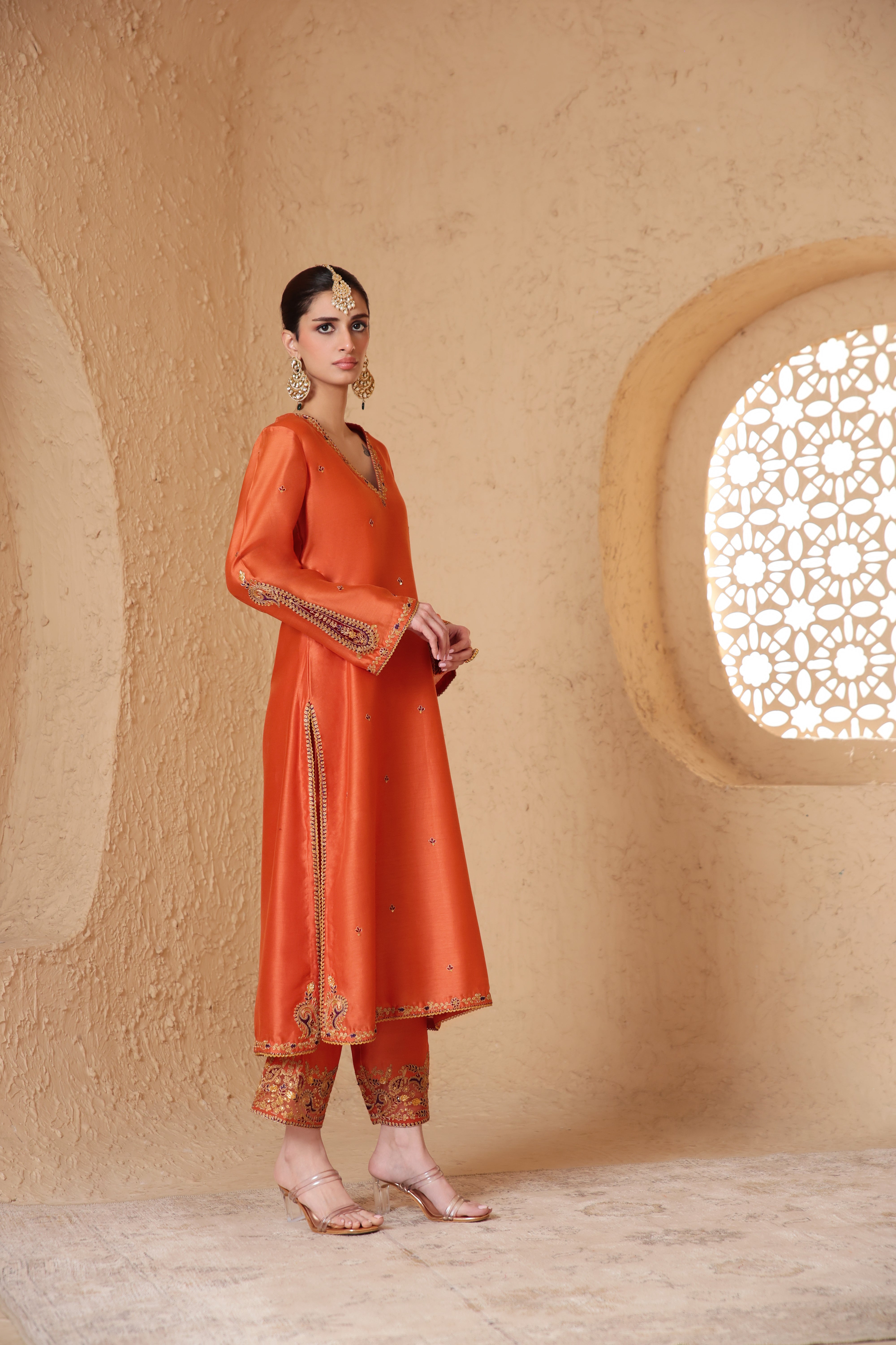 Mehrang Orange Applique Kurta Set