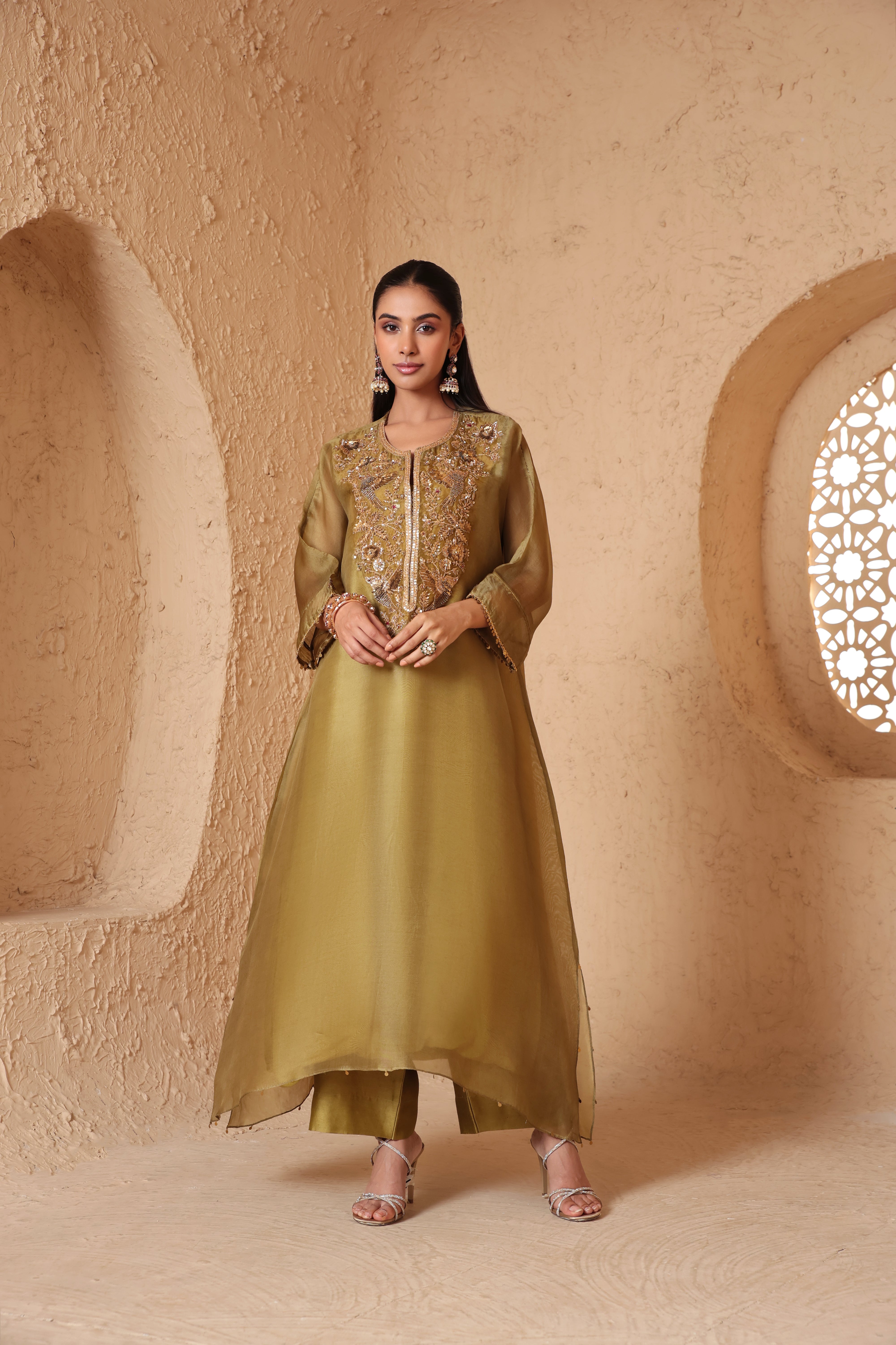 Mehrang Olive Green Kaftan Kurta Set
