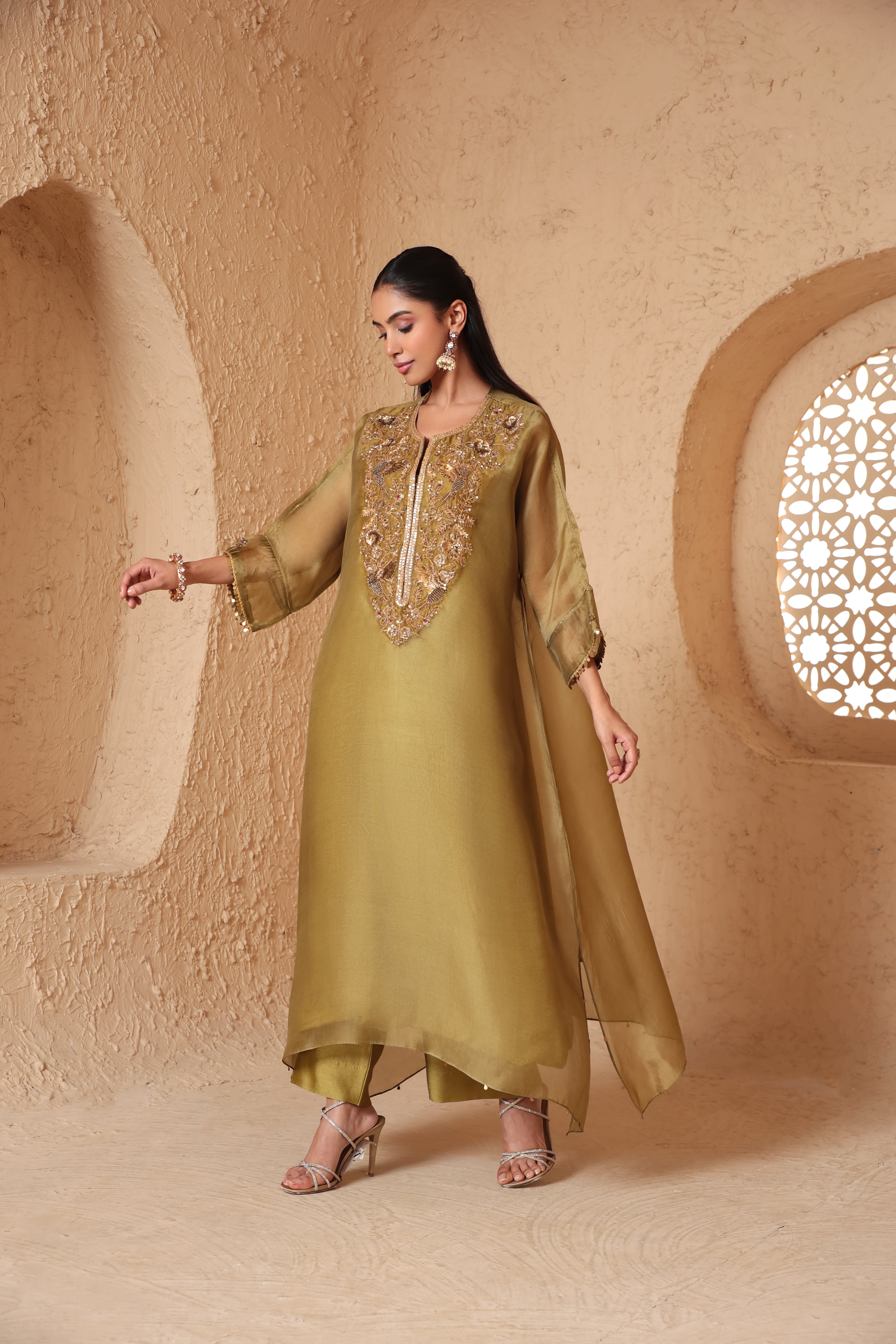 Mehrang Olive Green Kaftan Kurta Set