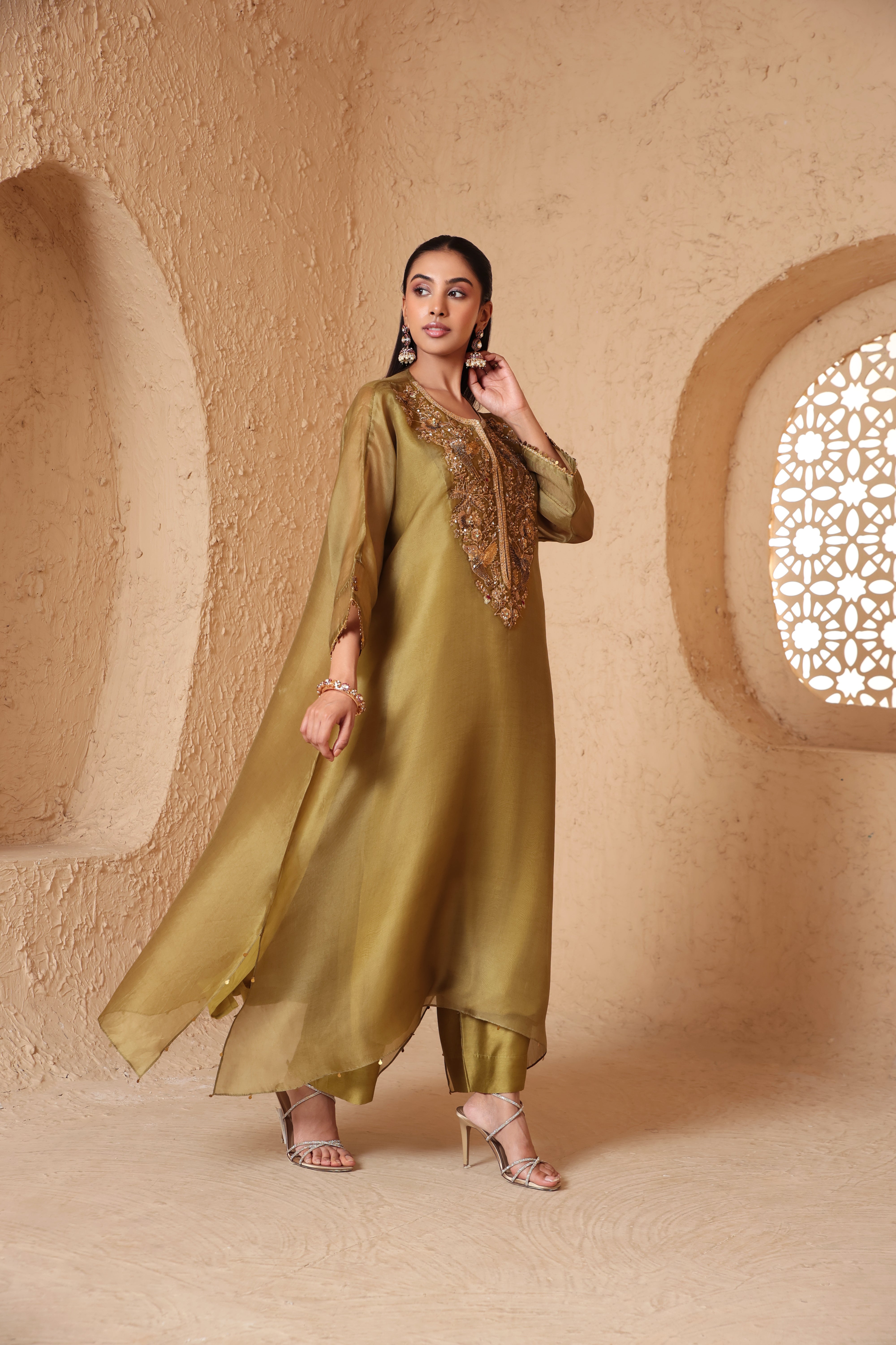 Mehrang Olive Green Kaftan Kurta Set