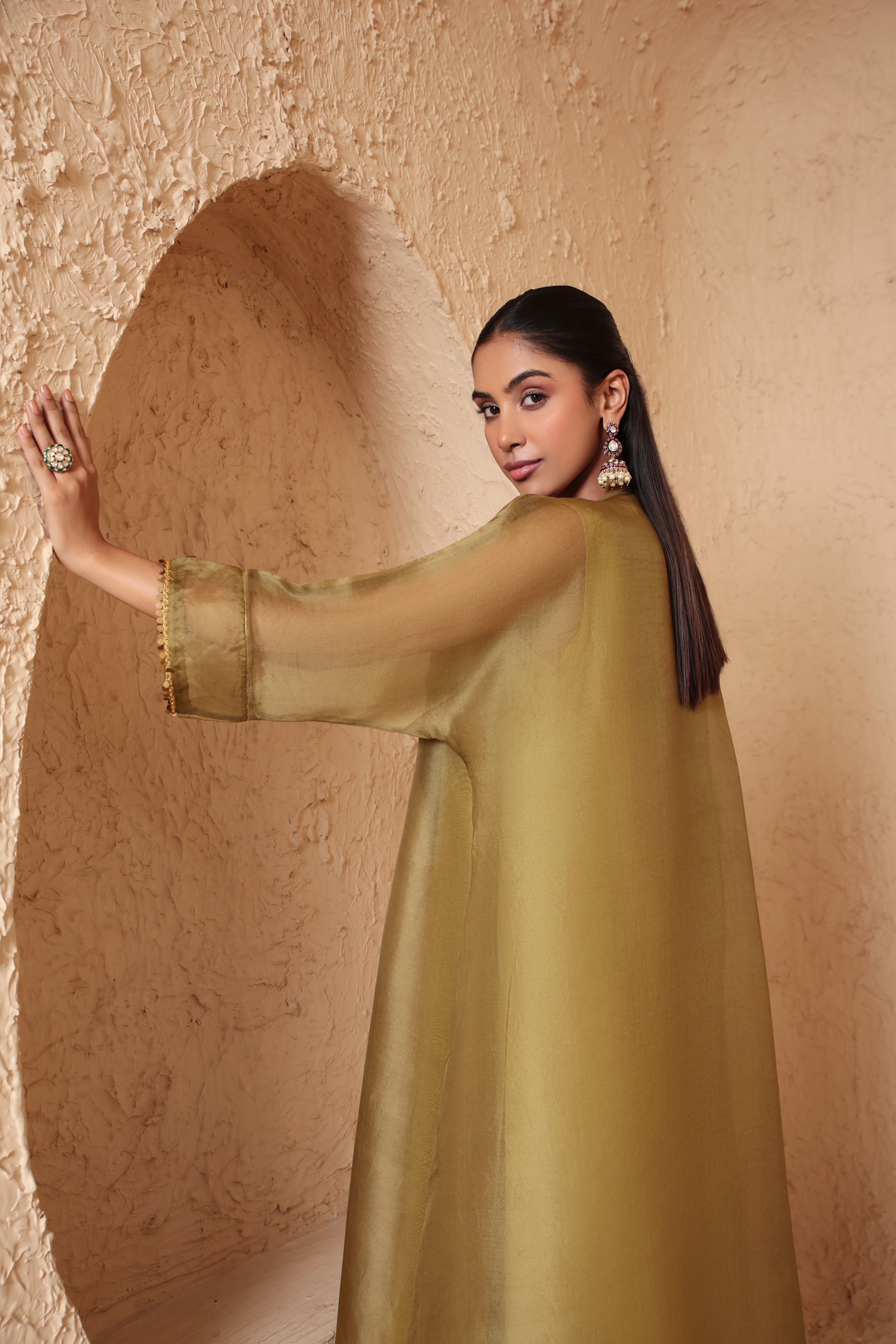 Mehrang Olive Green Kaftan Kurta Set