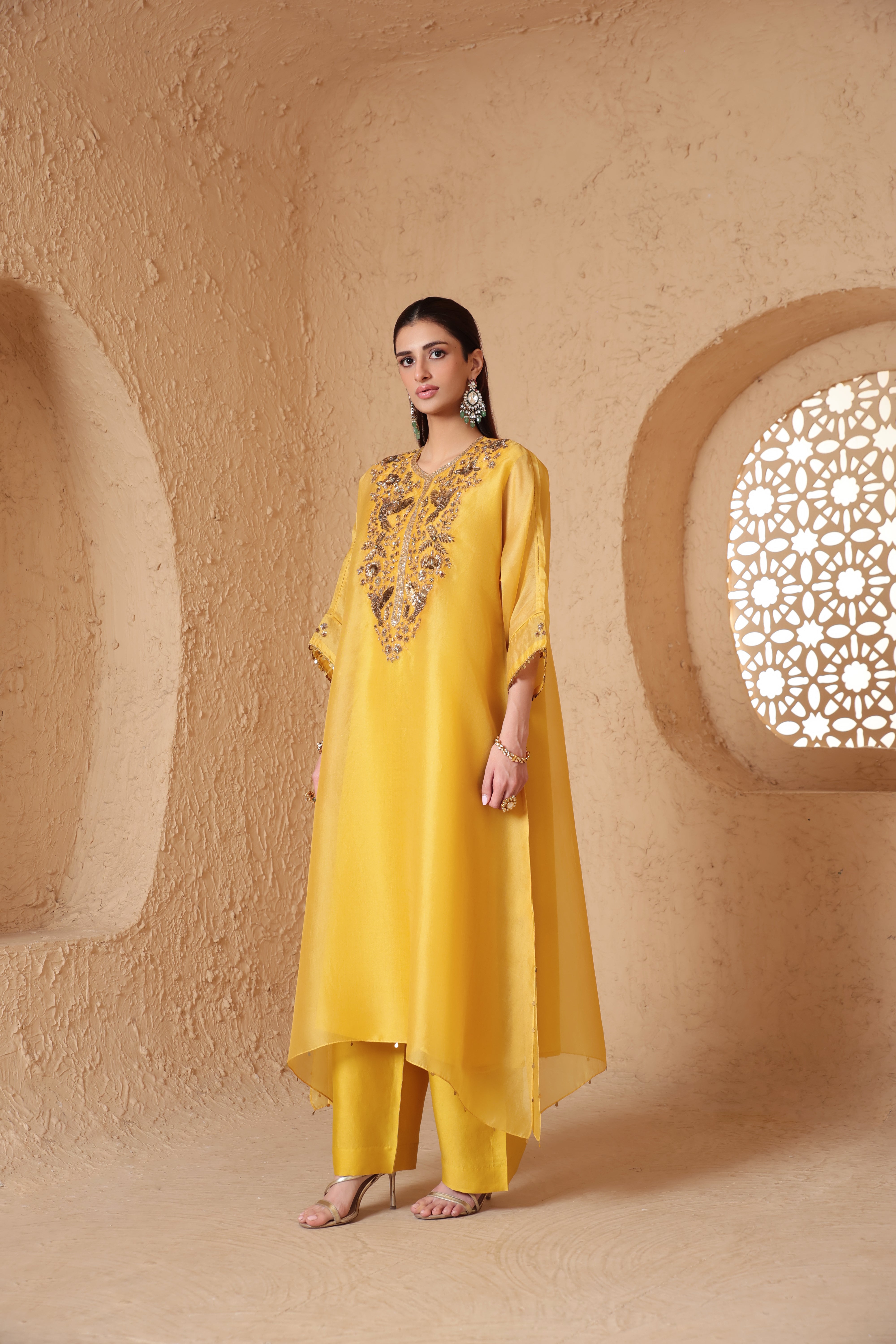 Mehrang Yellow Kaftan Kurta Set