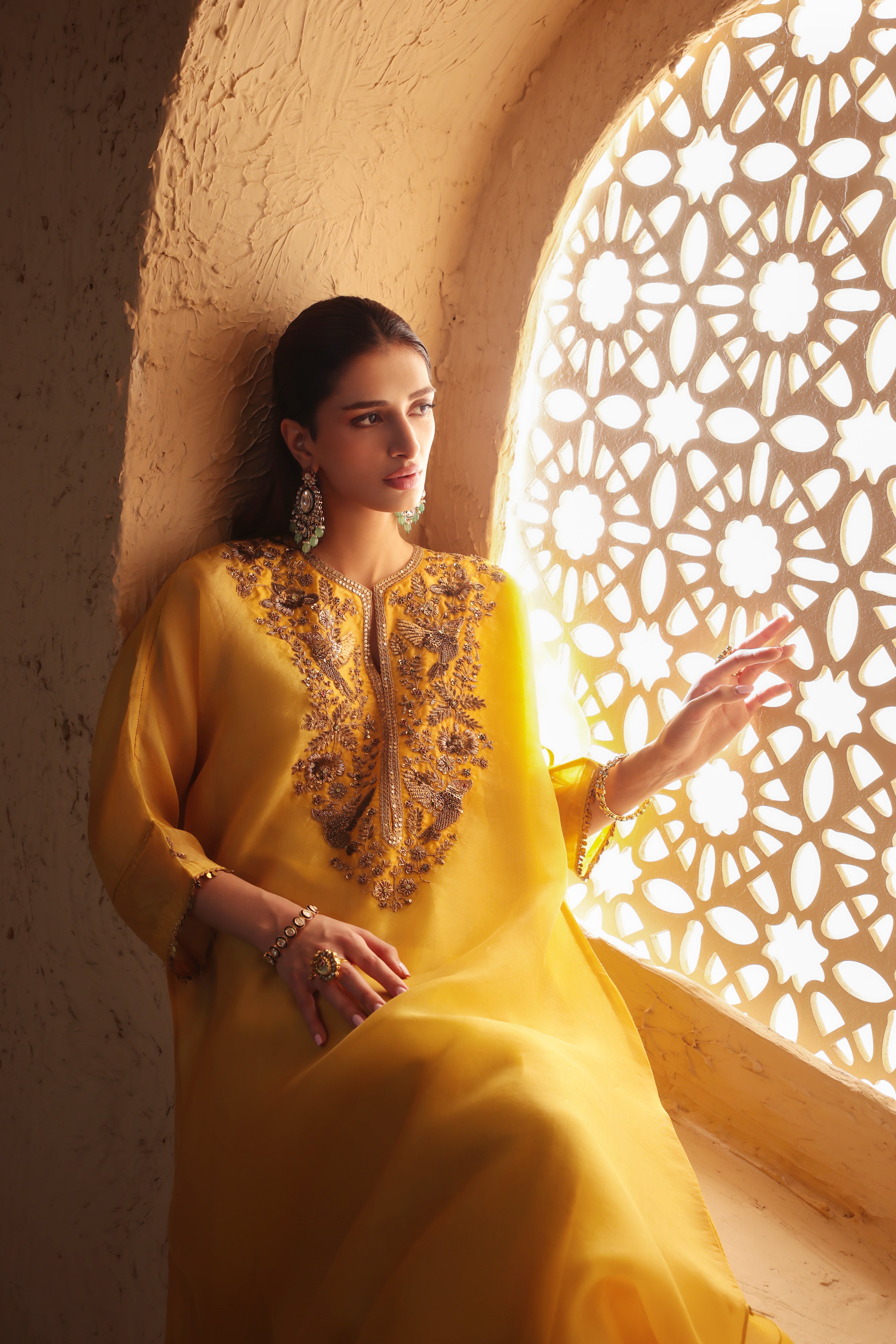 Mehrang Yellow Kaftan Kurta Set
