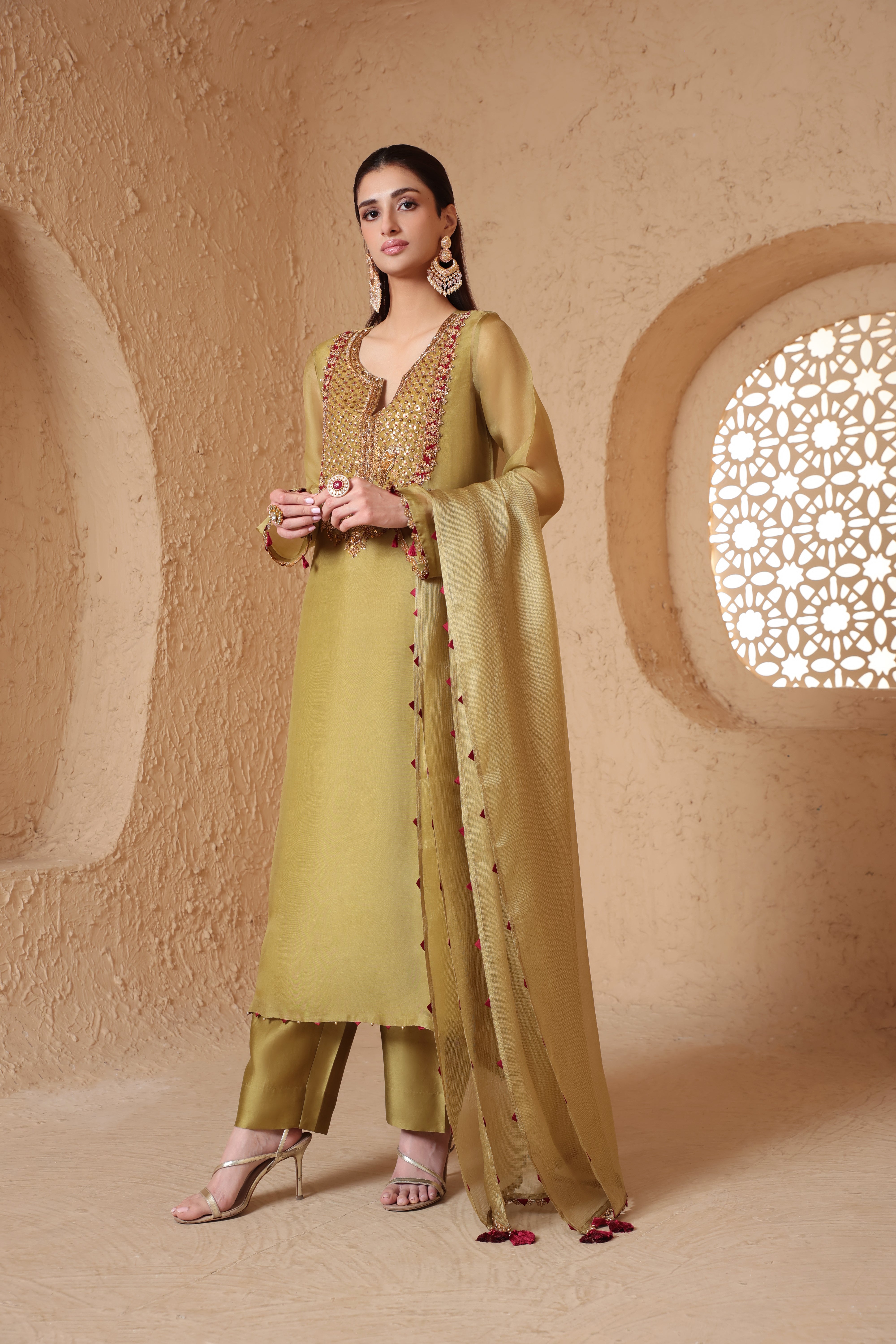 Mehrang Olive Green Heavy Neck Kurta Set