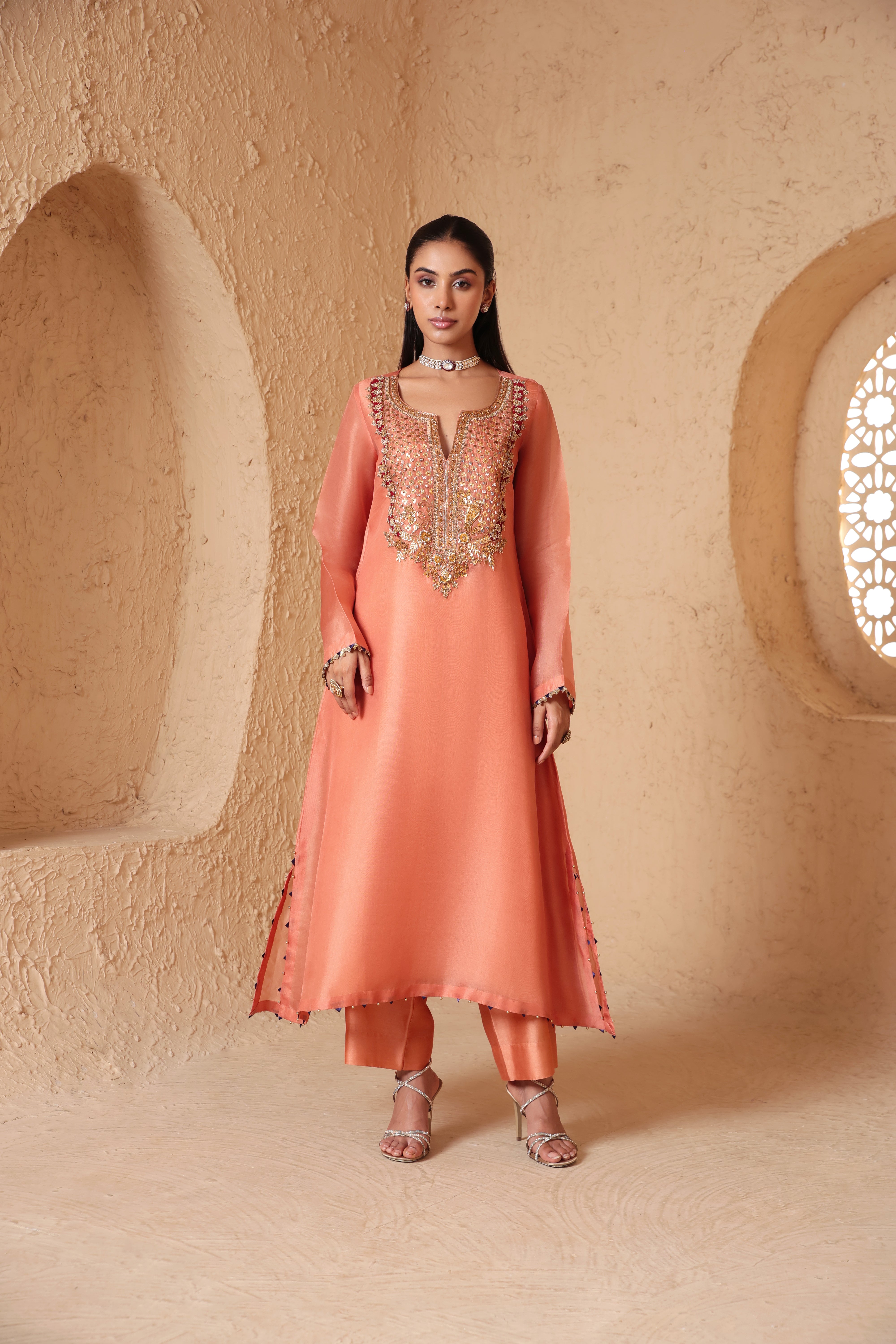 Mehrang Peach Heavy Neck Kurta Set