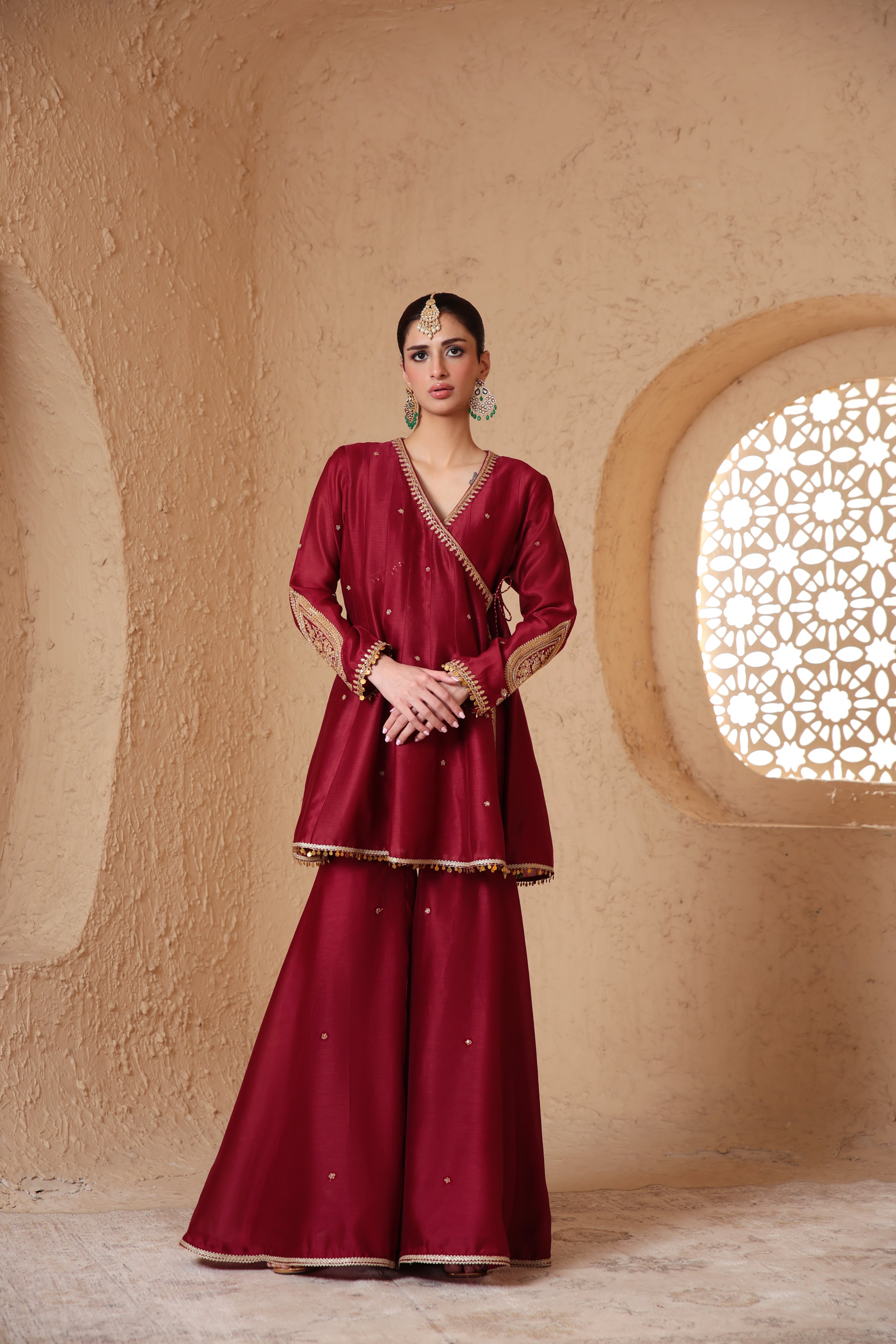 Mehrang Maroon Angrakha Sharara Set