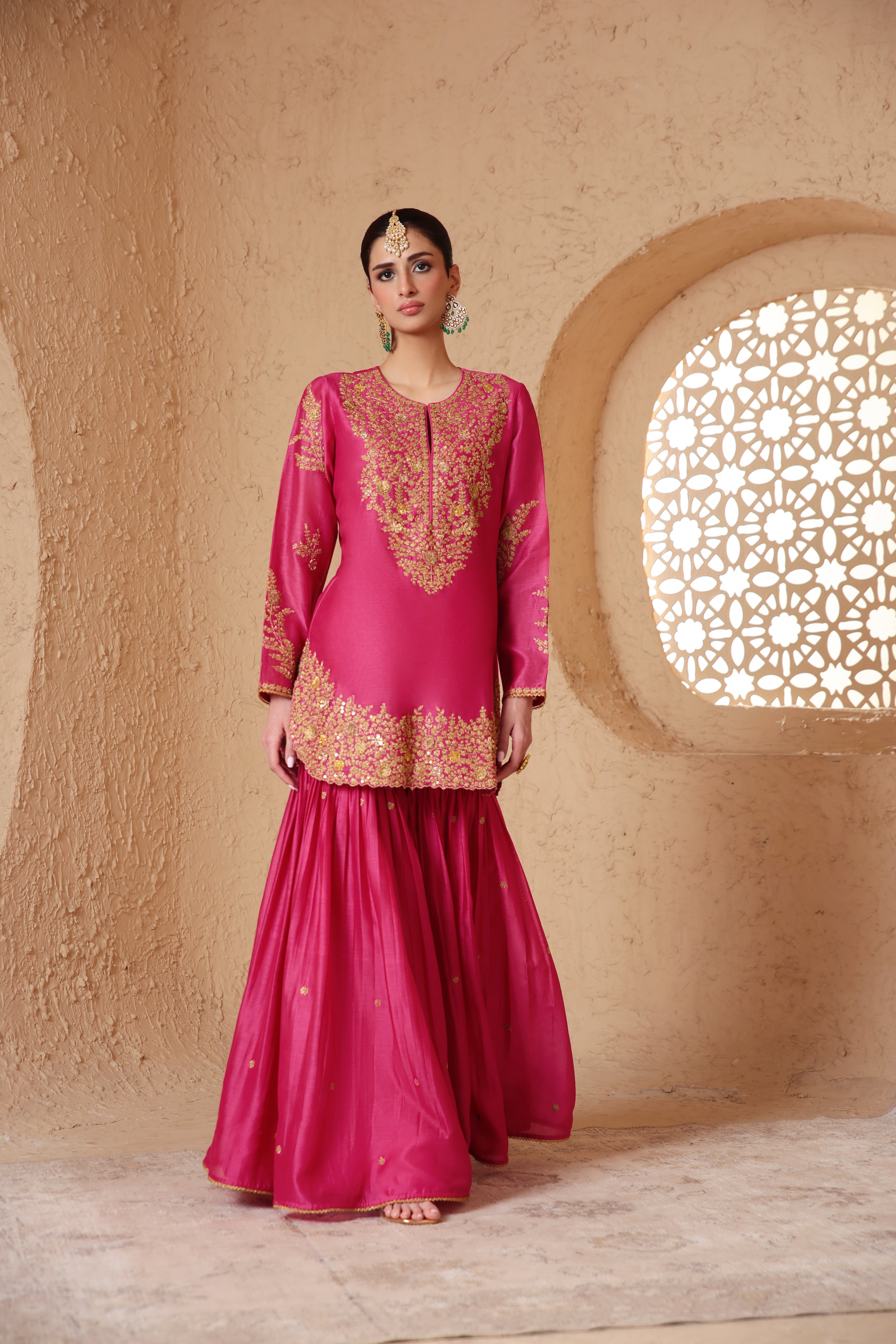 Mehrang Pink Heavy Sharara Set