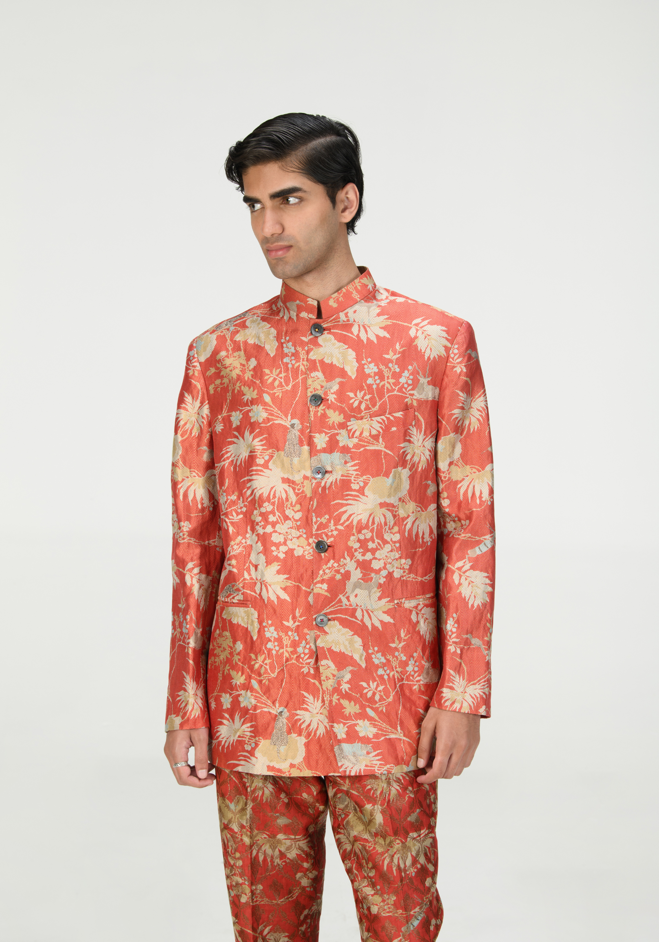 Rainforest Bandhgala Red Silk Brocade Zig Zag