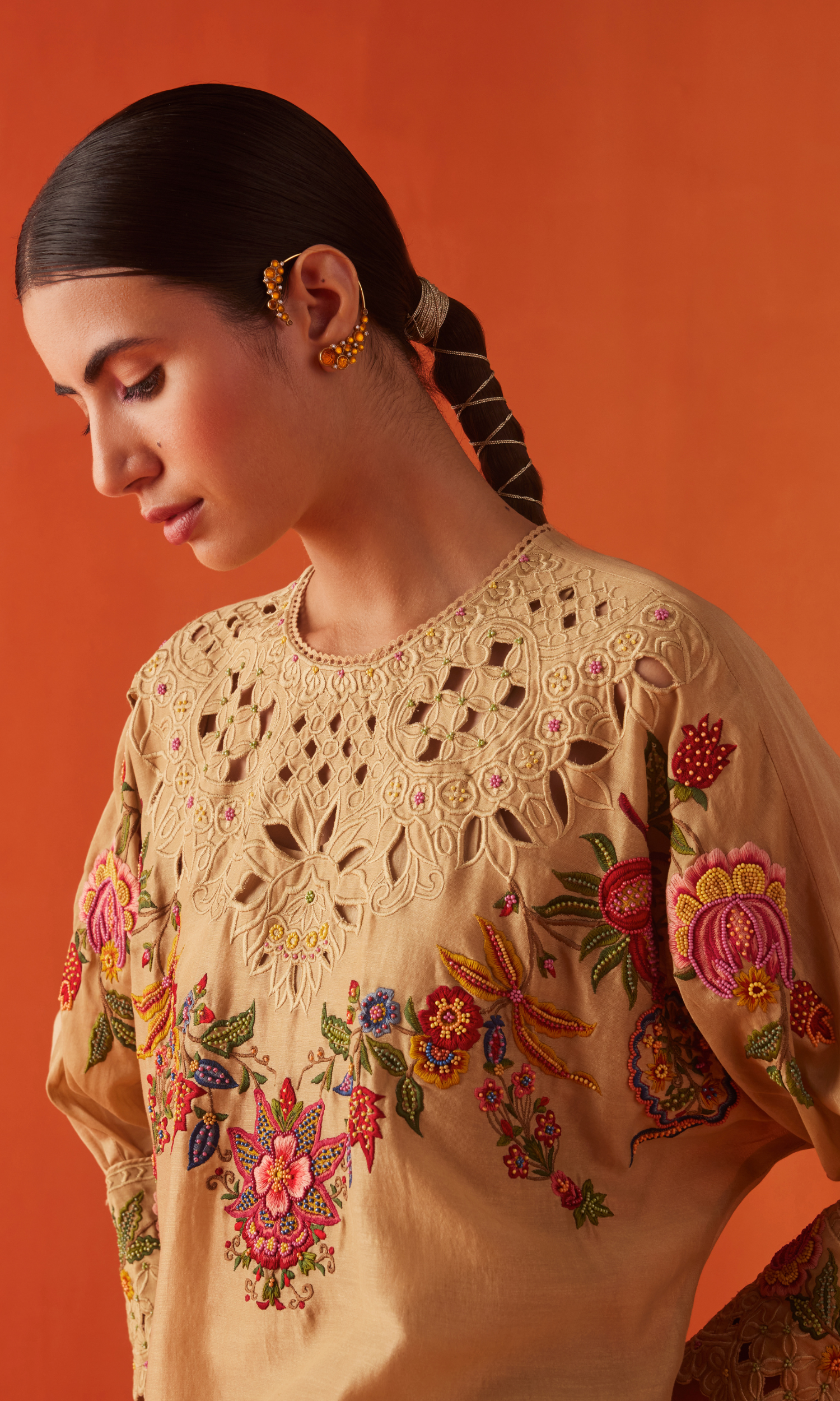 Beige embroidered kimono kurta with cutwork pants