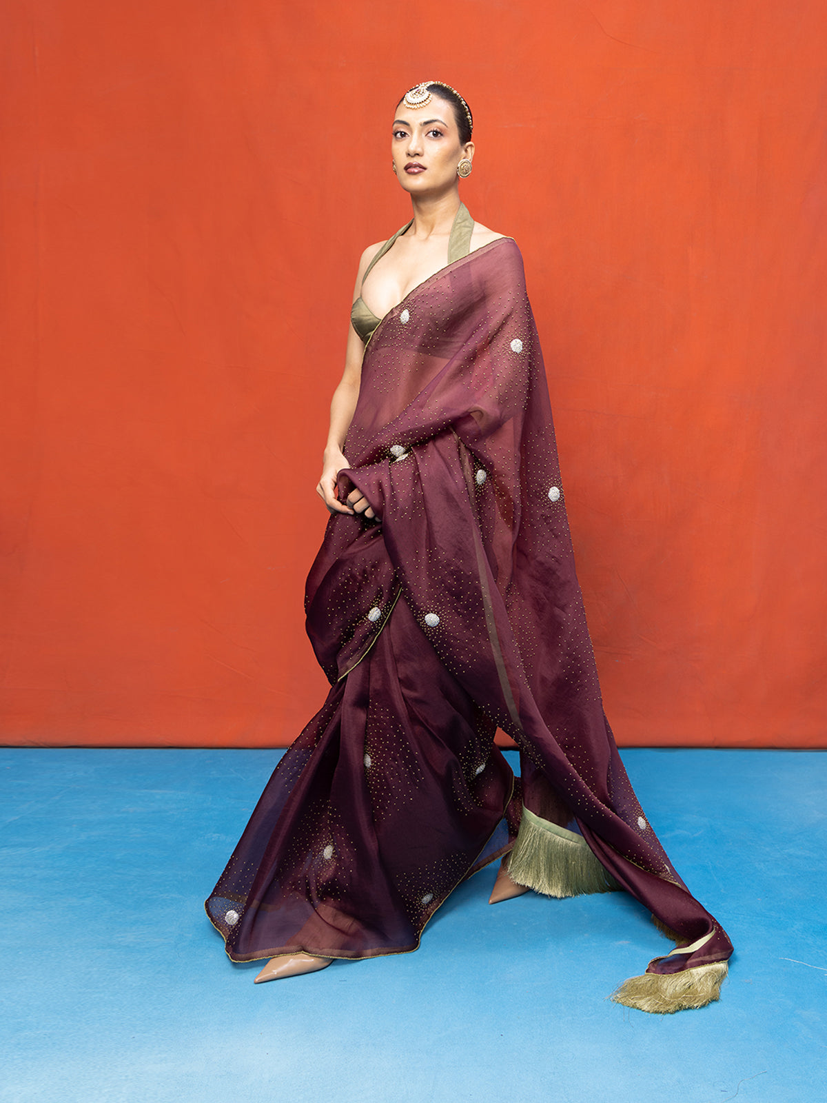Handwoven Wine Kora Banarasi Saree