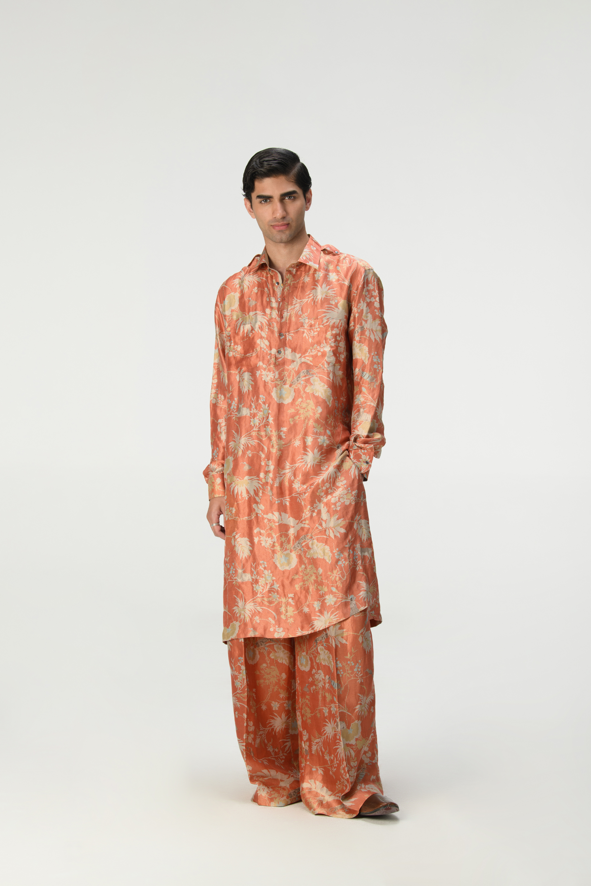 Rainforest Bullet Kurta Coral Zig Zag Silk Brocade