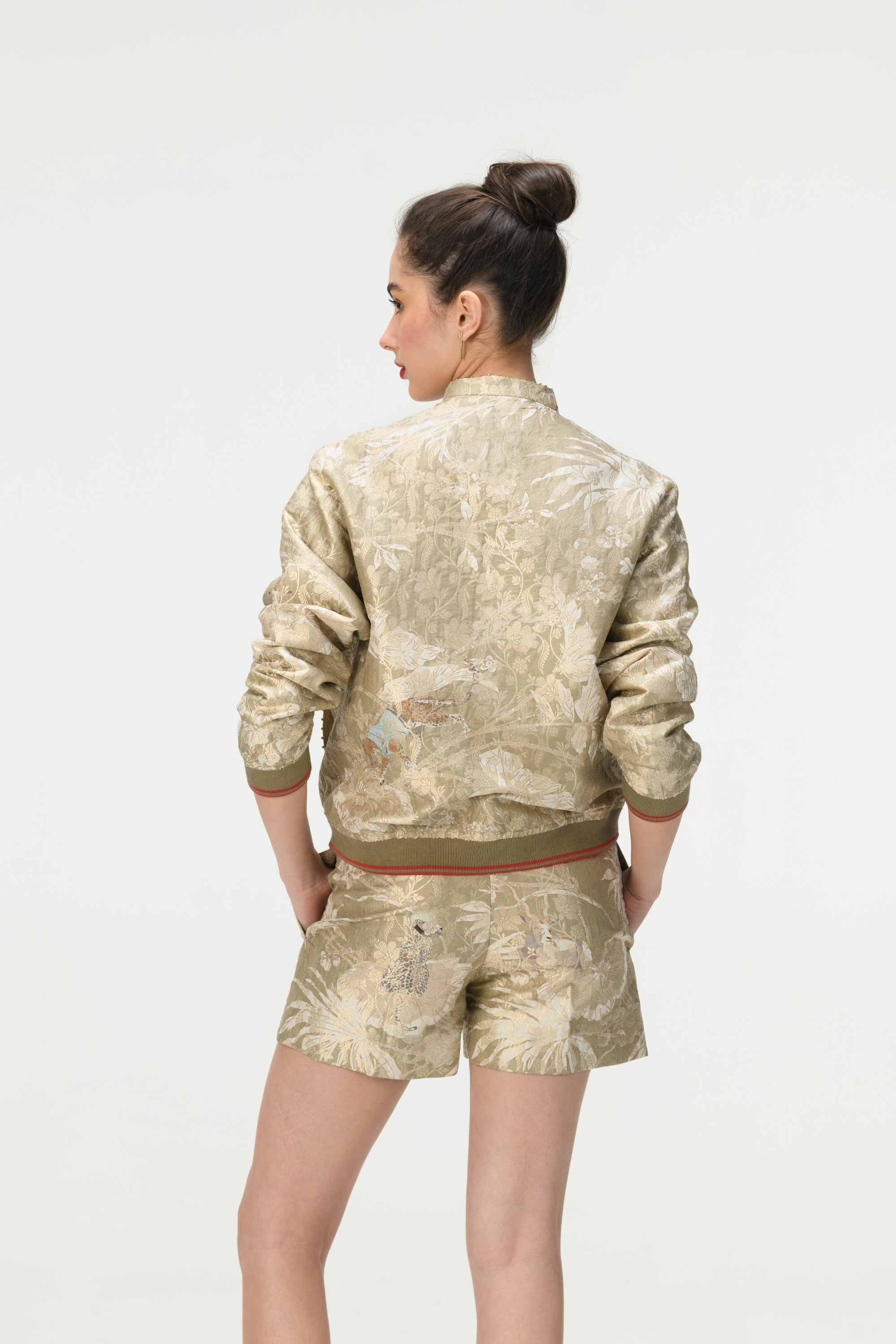 Rainforest Janbaaz Bomber Jacket Oyster Grey Silk Brocade