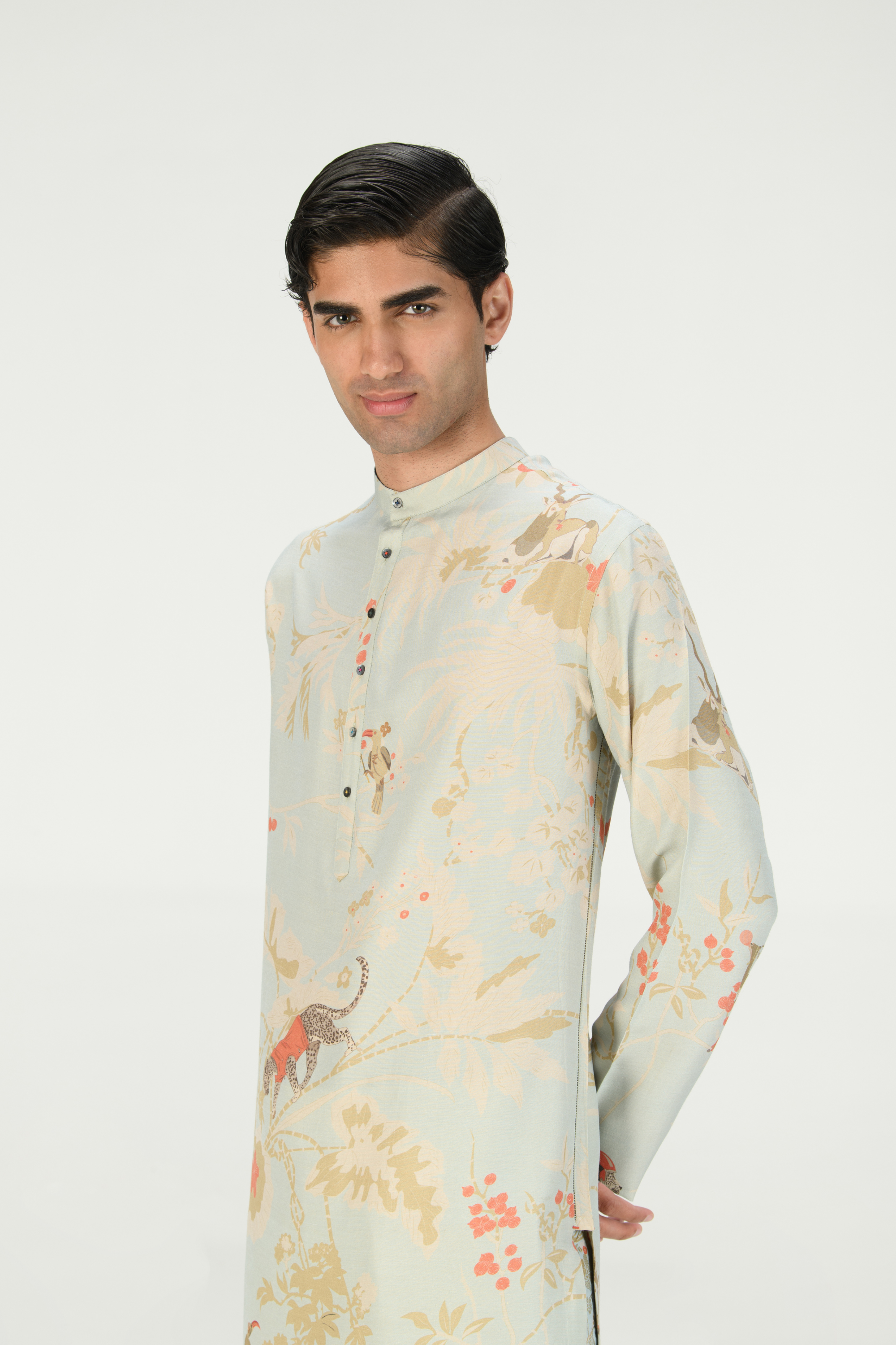 Rainforest Bade Miyan Kurta Ice Blue Muga Satin Silk