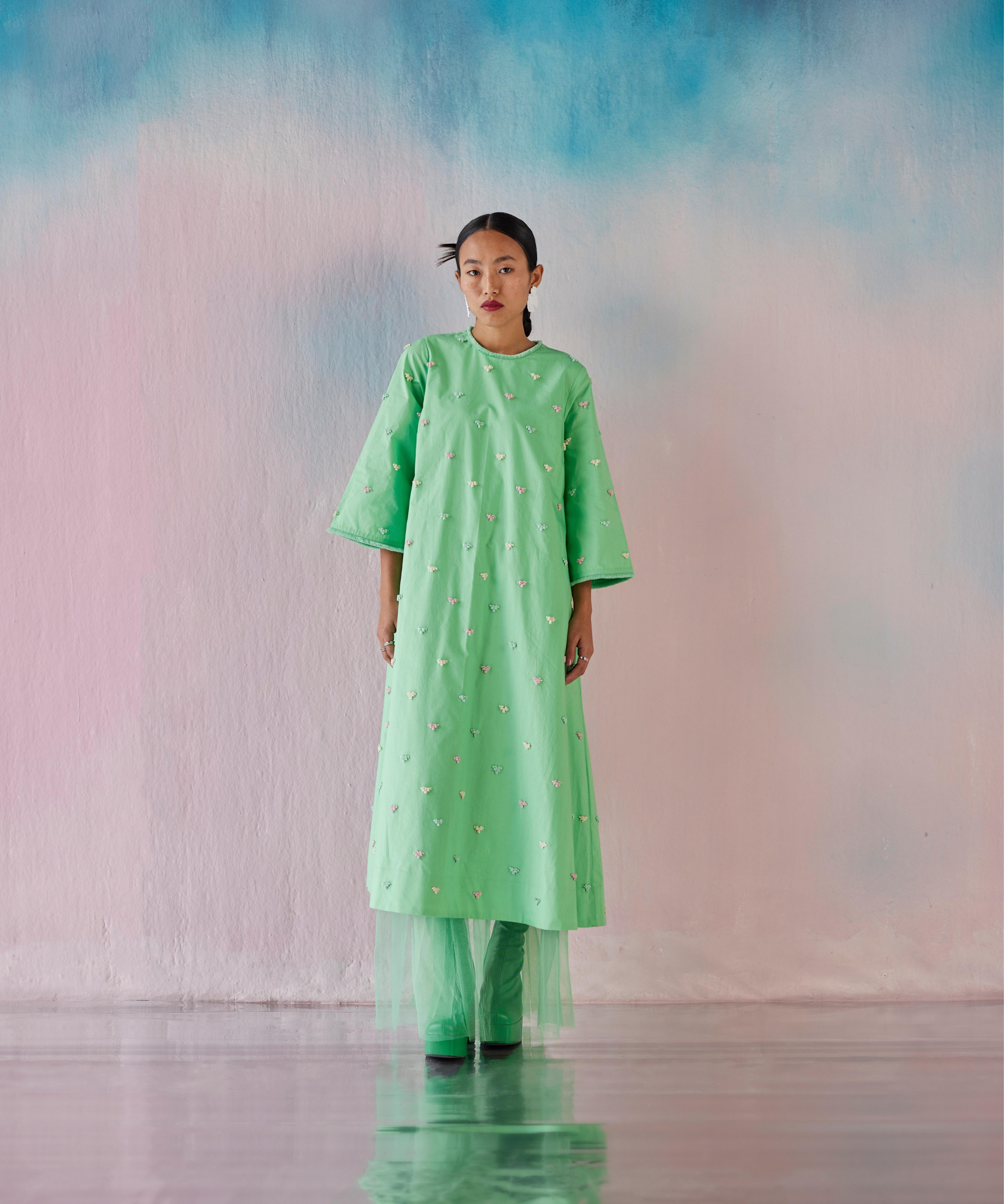 Green Apple Poplin Foam Heart Emb A-line Dress