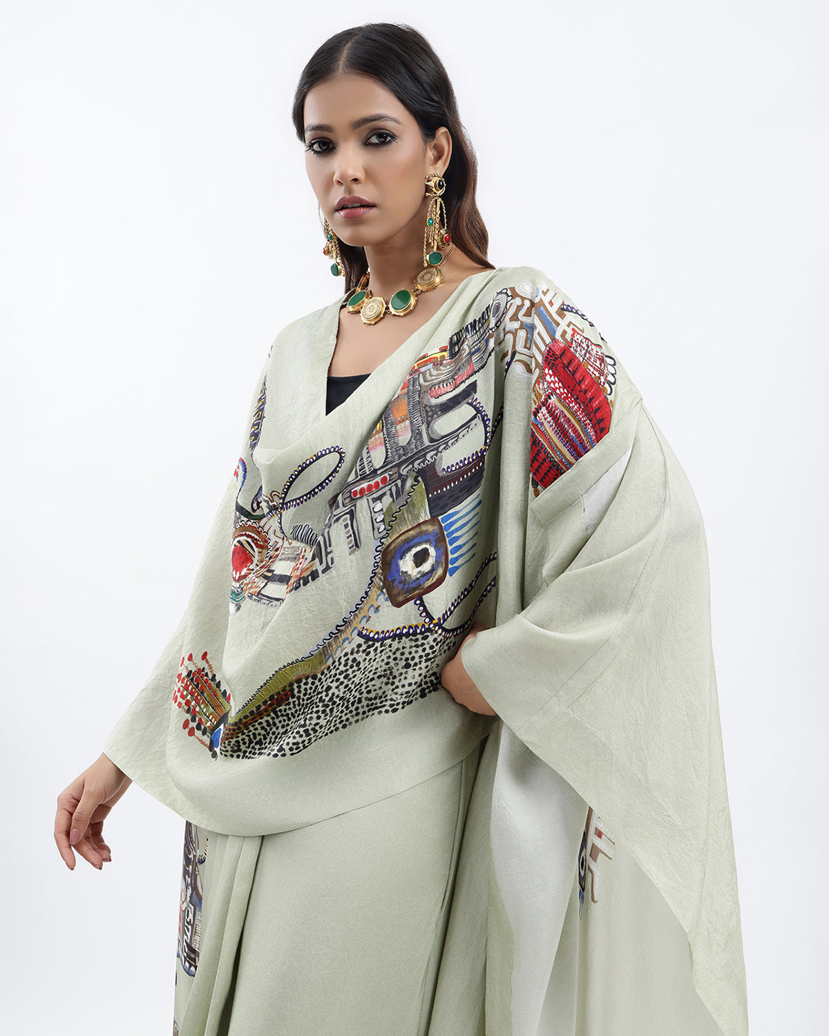 Cape With Lungi Skirt And Crop Top