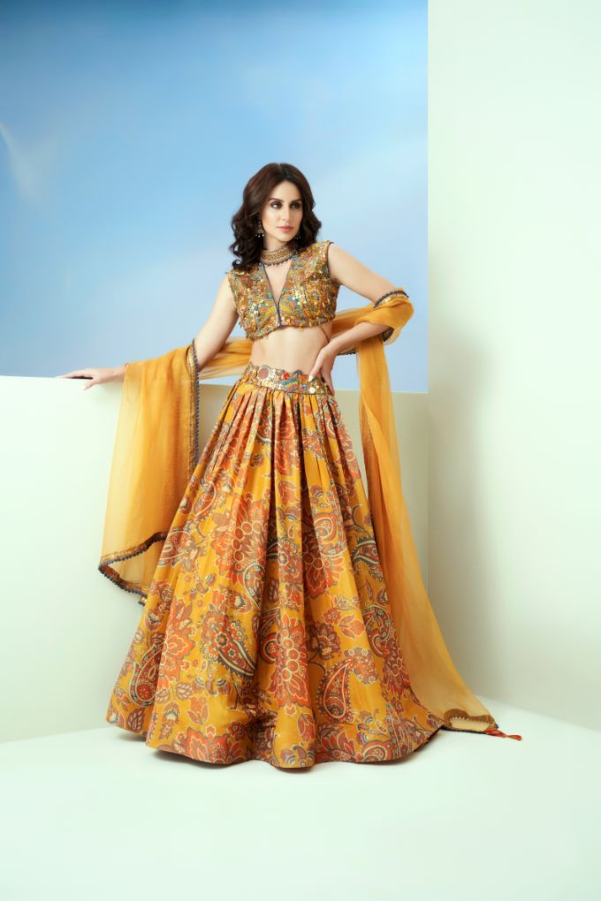 Yellow Printed Tissue Waist Emb. Lehenga