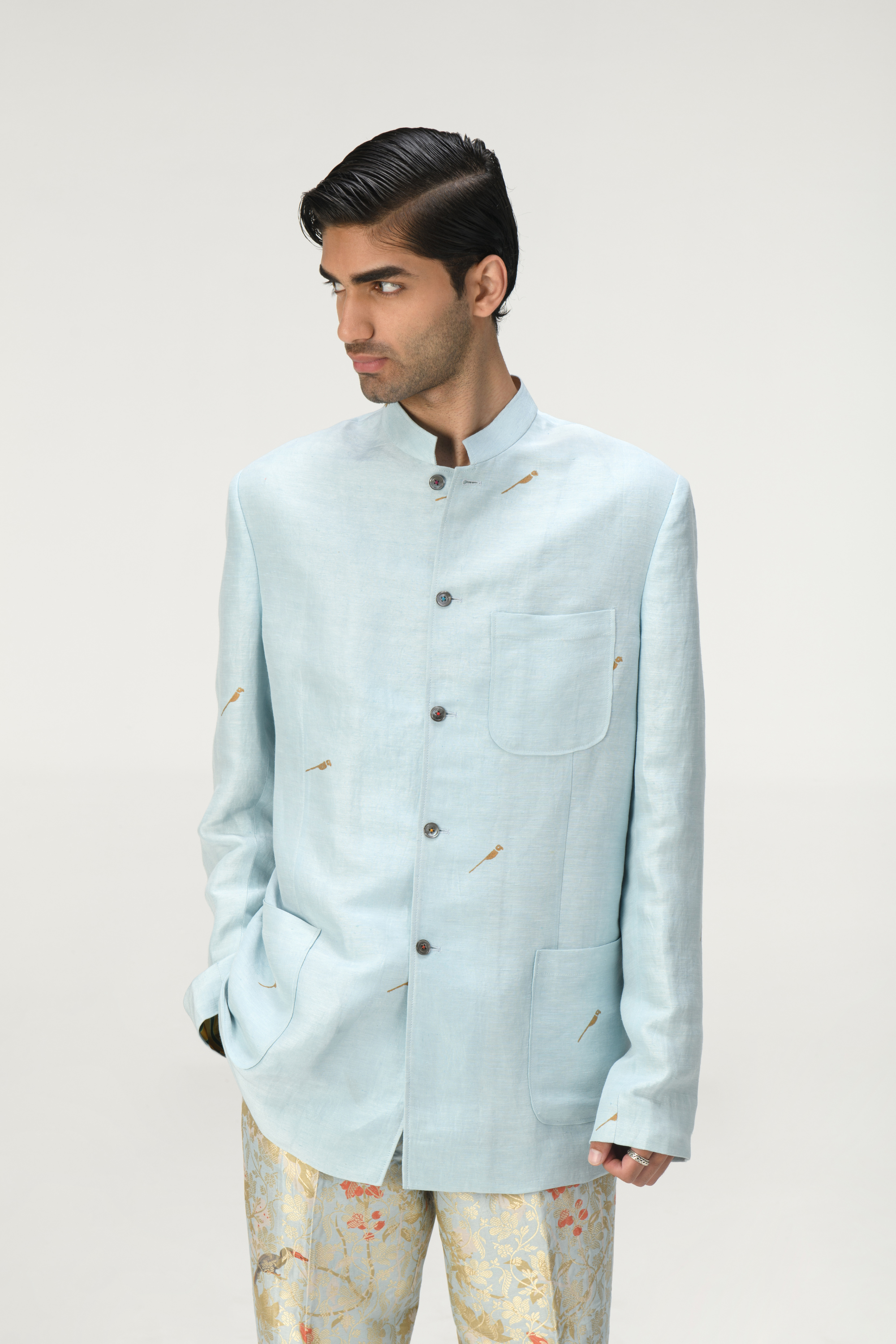 Bandhgala Ice Blue Satin Linen