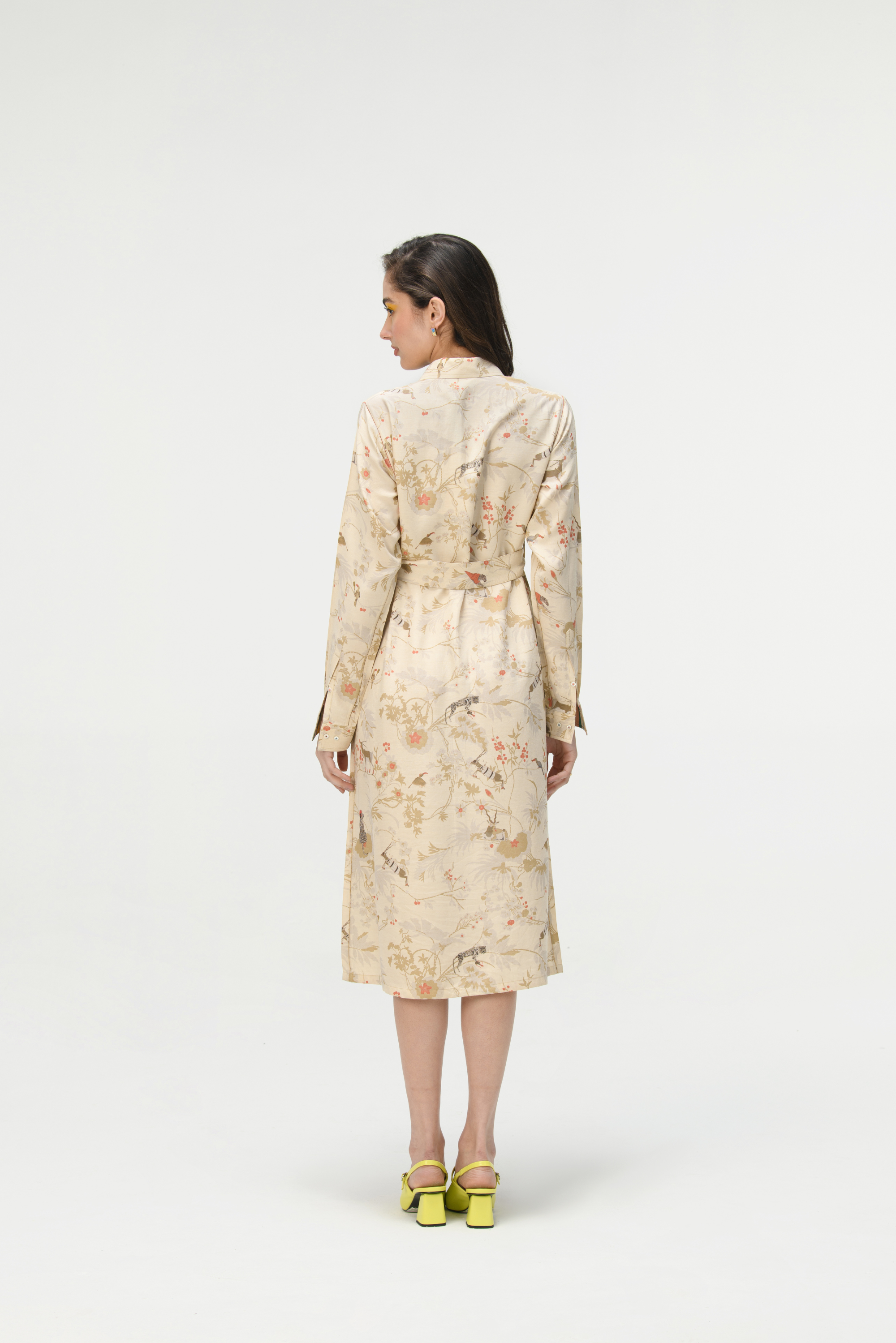 Rainforest Tie Belt Shirt Dress Ivory Muga Satin Silk