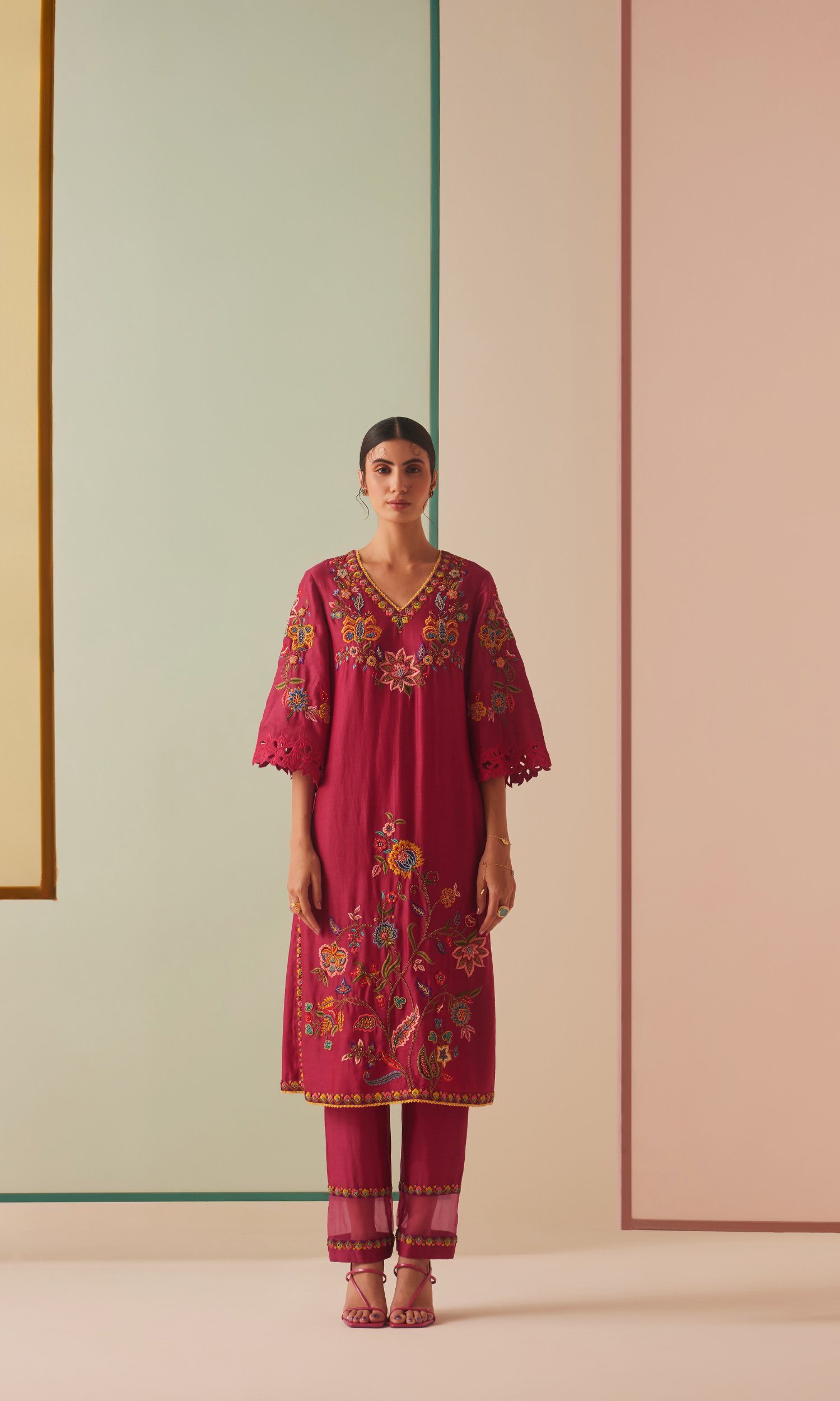 Fuchsia embroidered kurta with organza detail pants