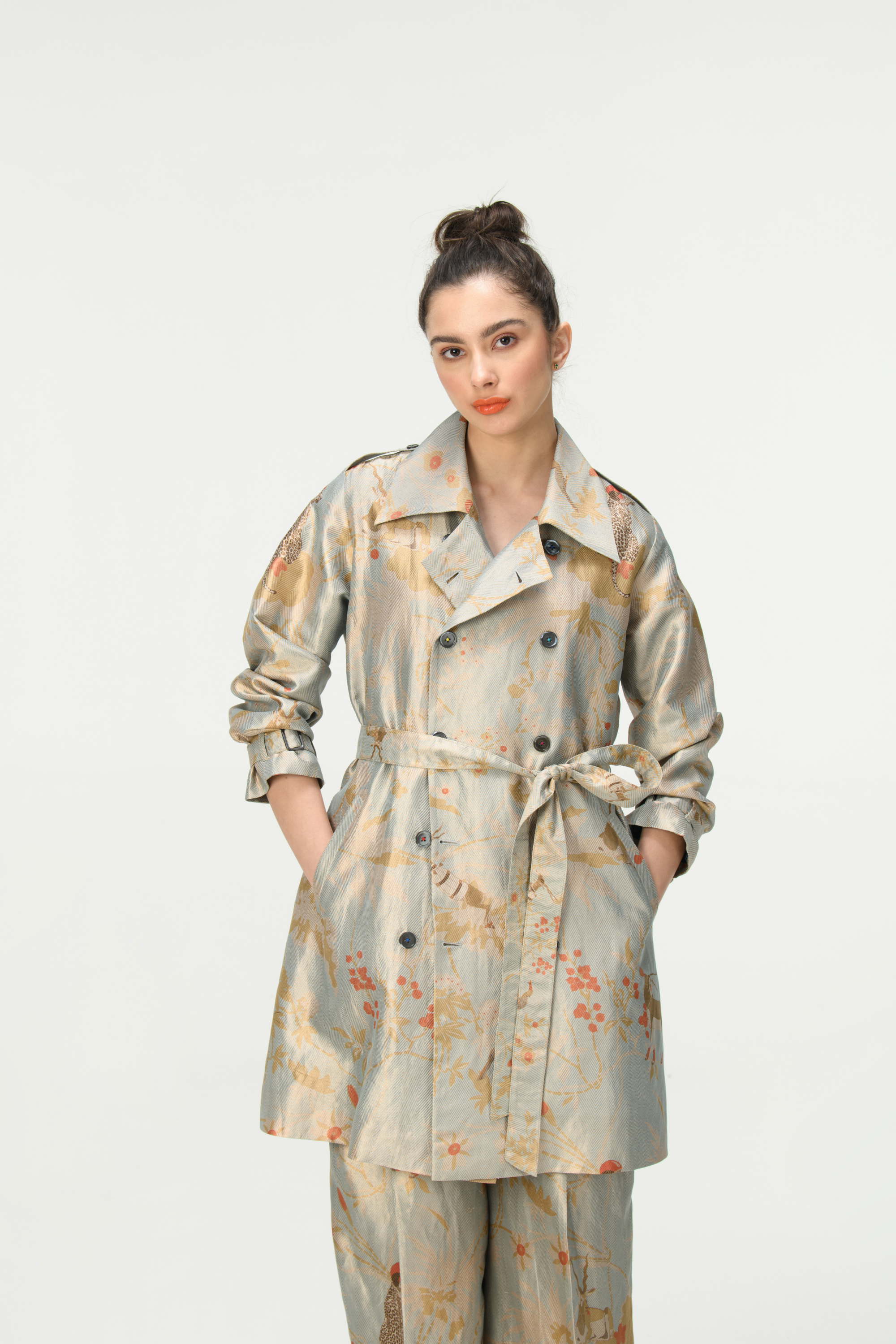 Rainforest Trench Coat Ice Blue Silk Brocade Zig Zag