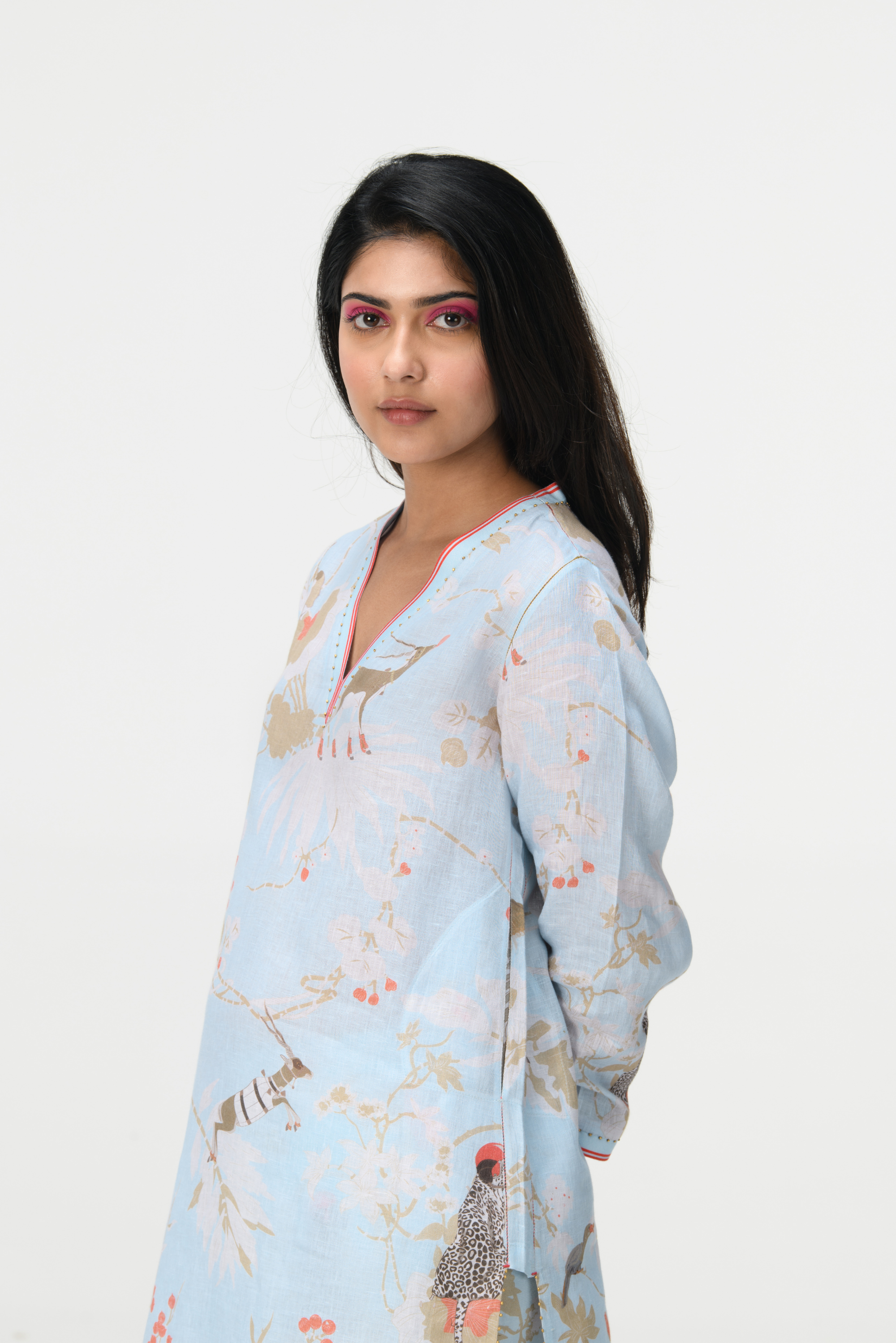 Rainforest V Neck Kurta Ice Blue Linen