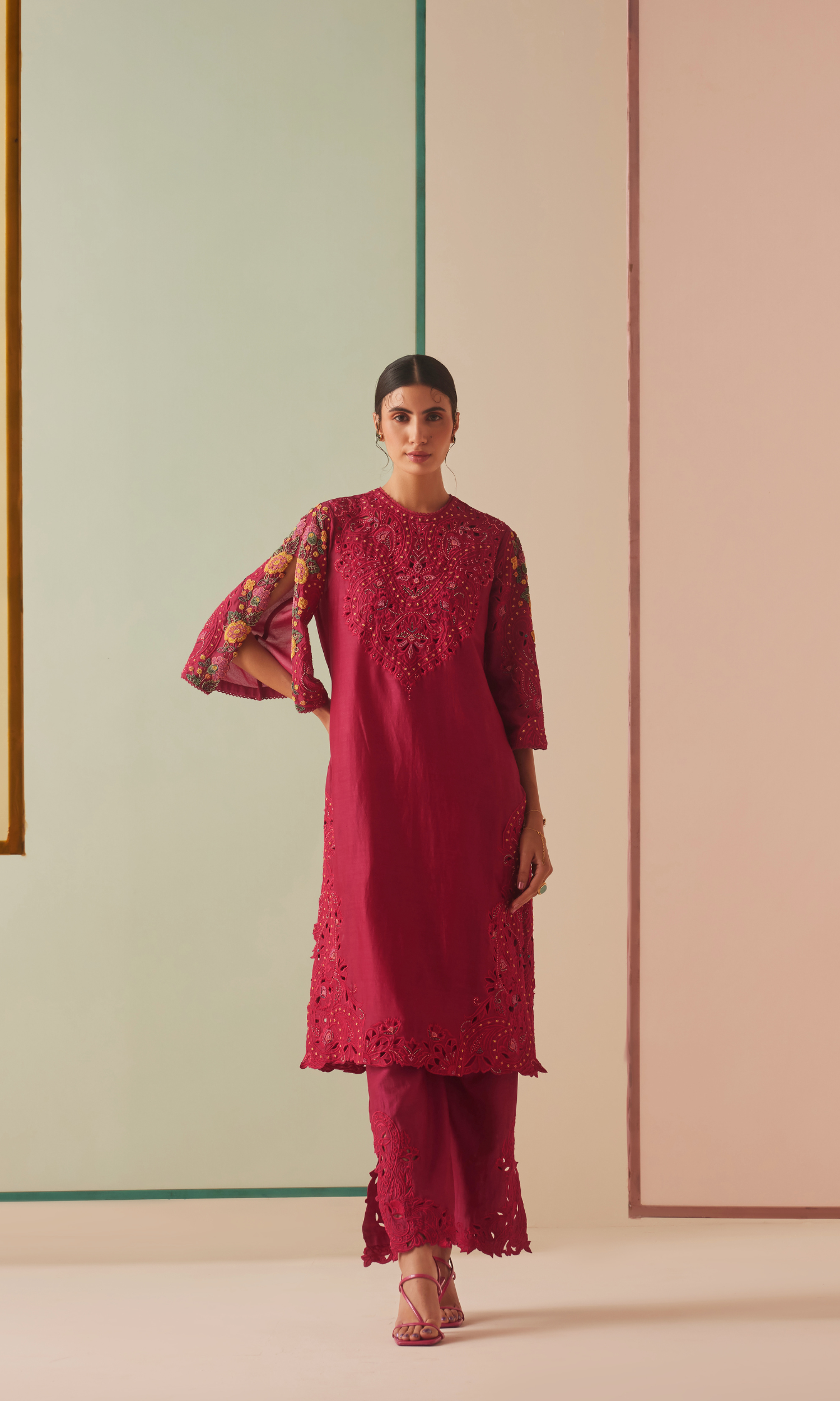 Fuchsia cutwork and beadwork kurta with cutwork straight pants