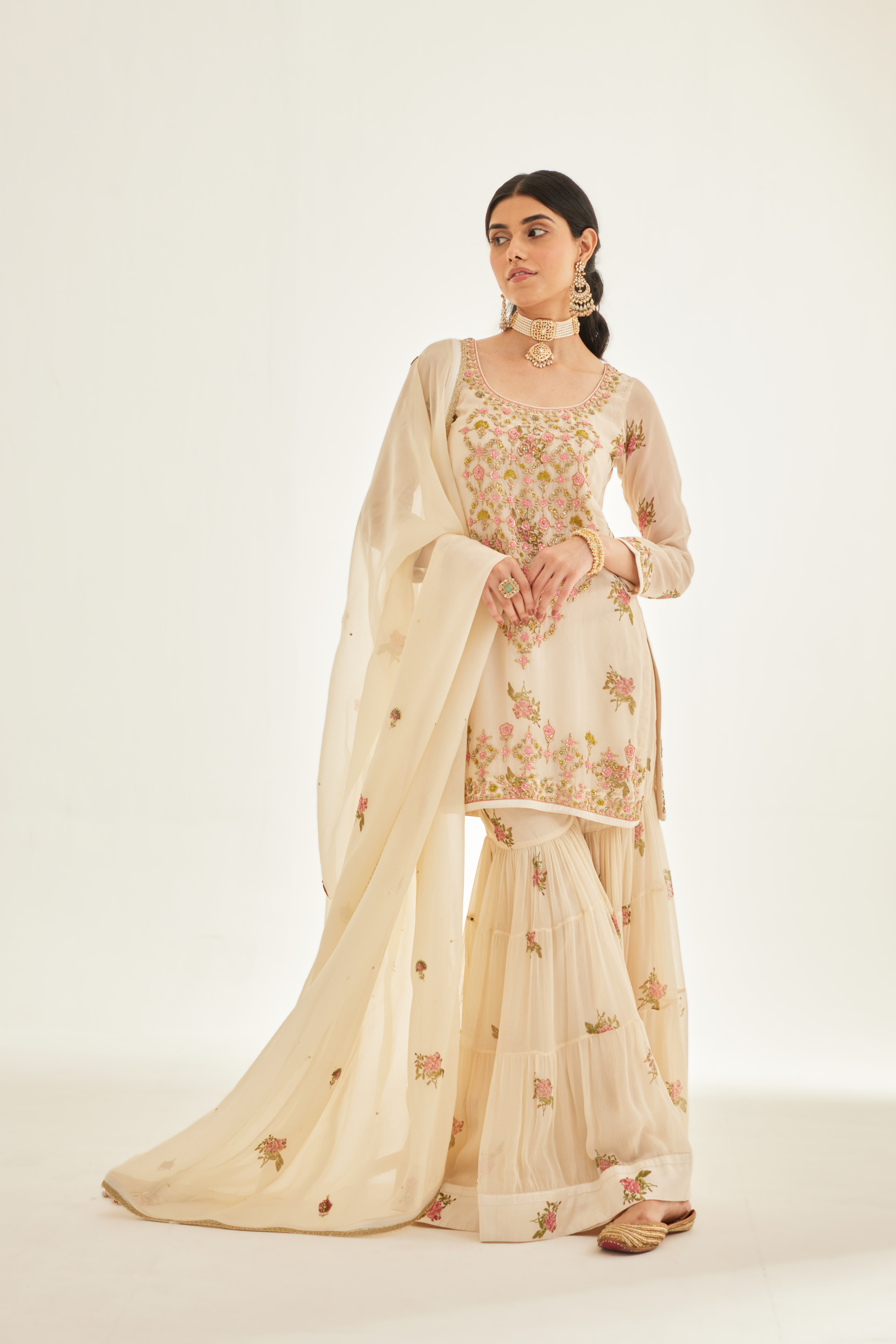 Zardozi Embroidered Hand Block Printed Organza Kurta And Dupatta.