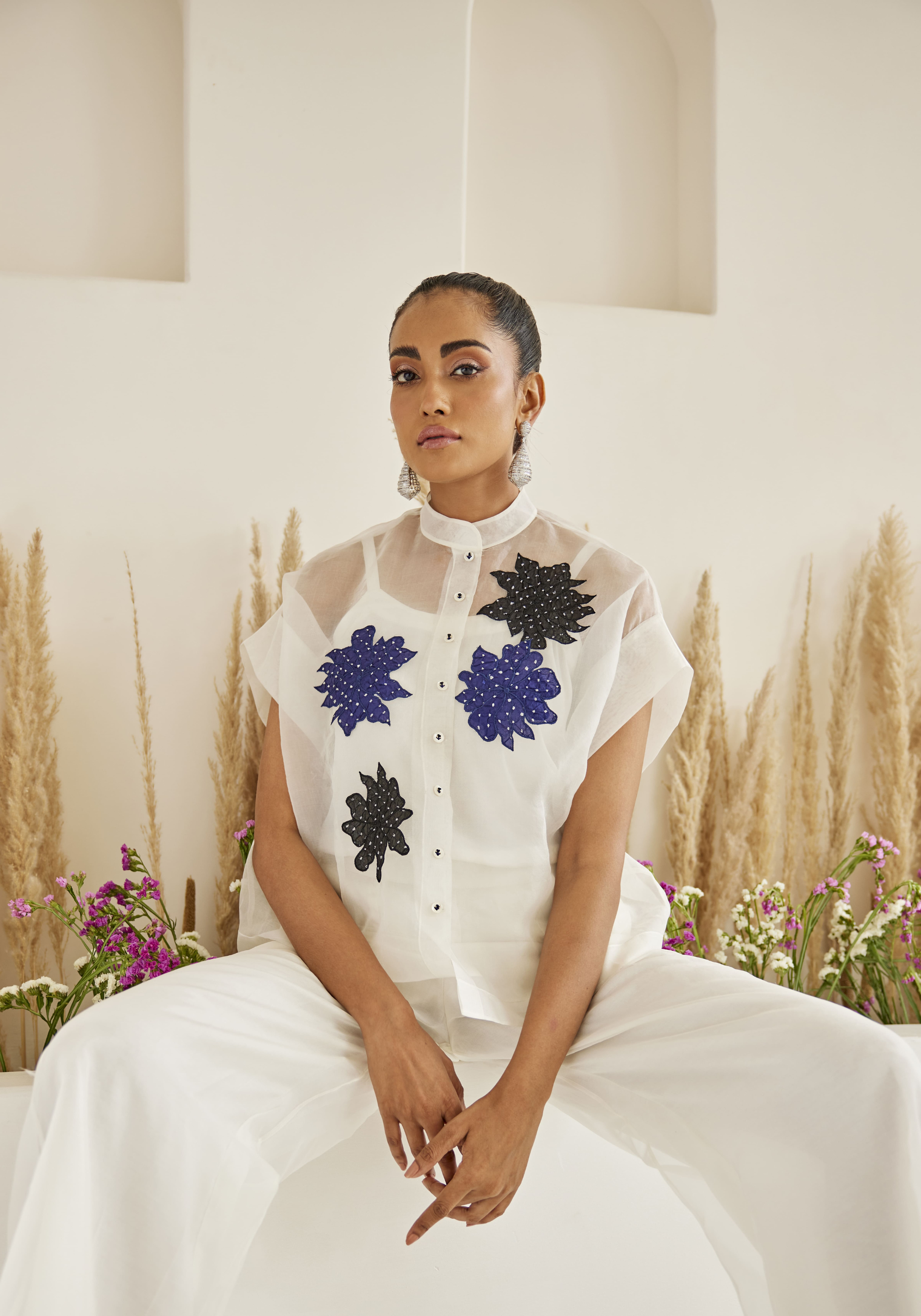 Organza Bandhani Applique Cap Sleeves Top