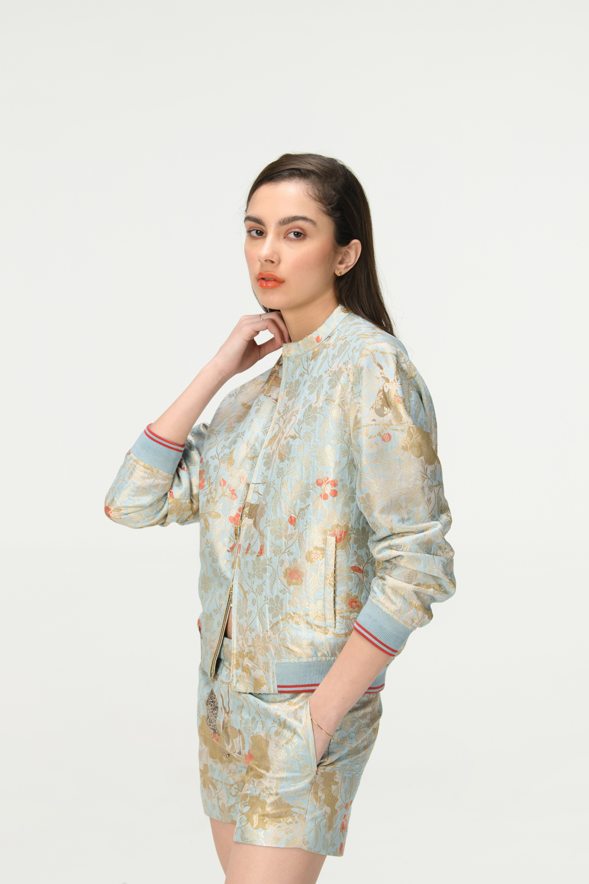 Rainforest Janbaaz Bomber Jacket Ice Blue Silk Brocade