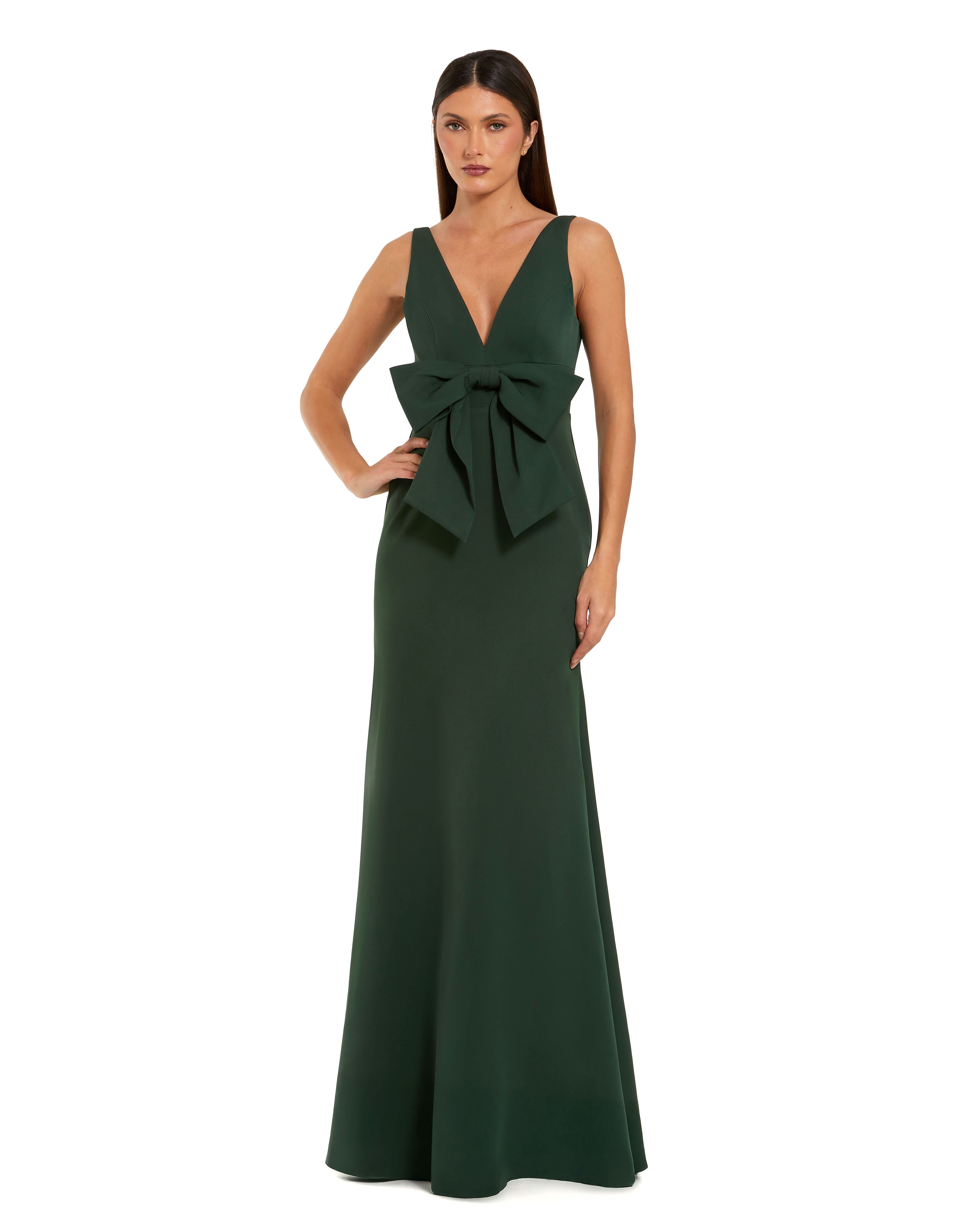 Green Crepe Sleeveless V-neck Gown With Bow
