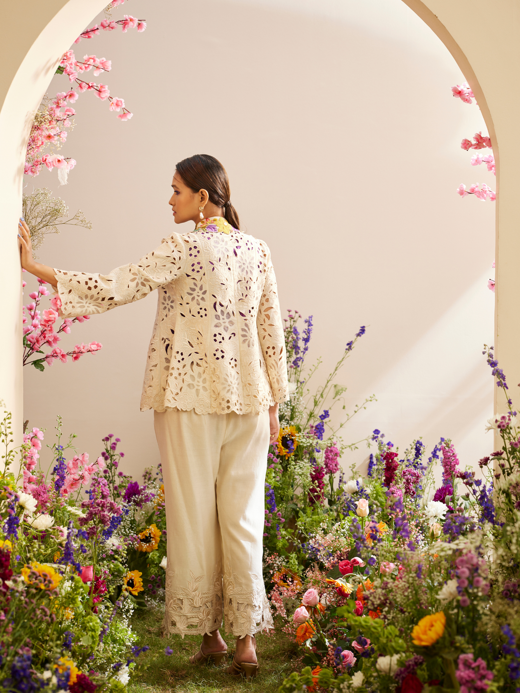 Ivory Collar Detail Cutwork And Applique Jacket