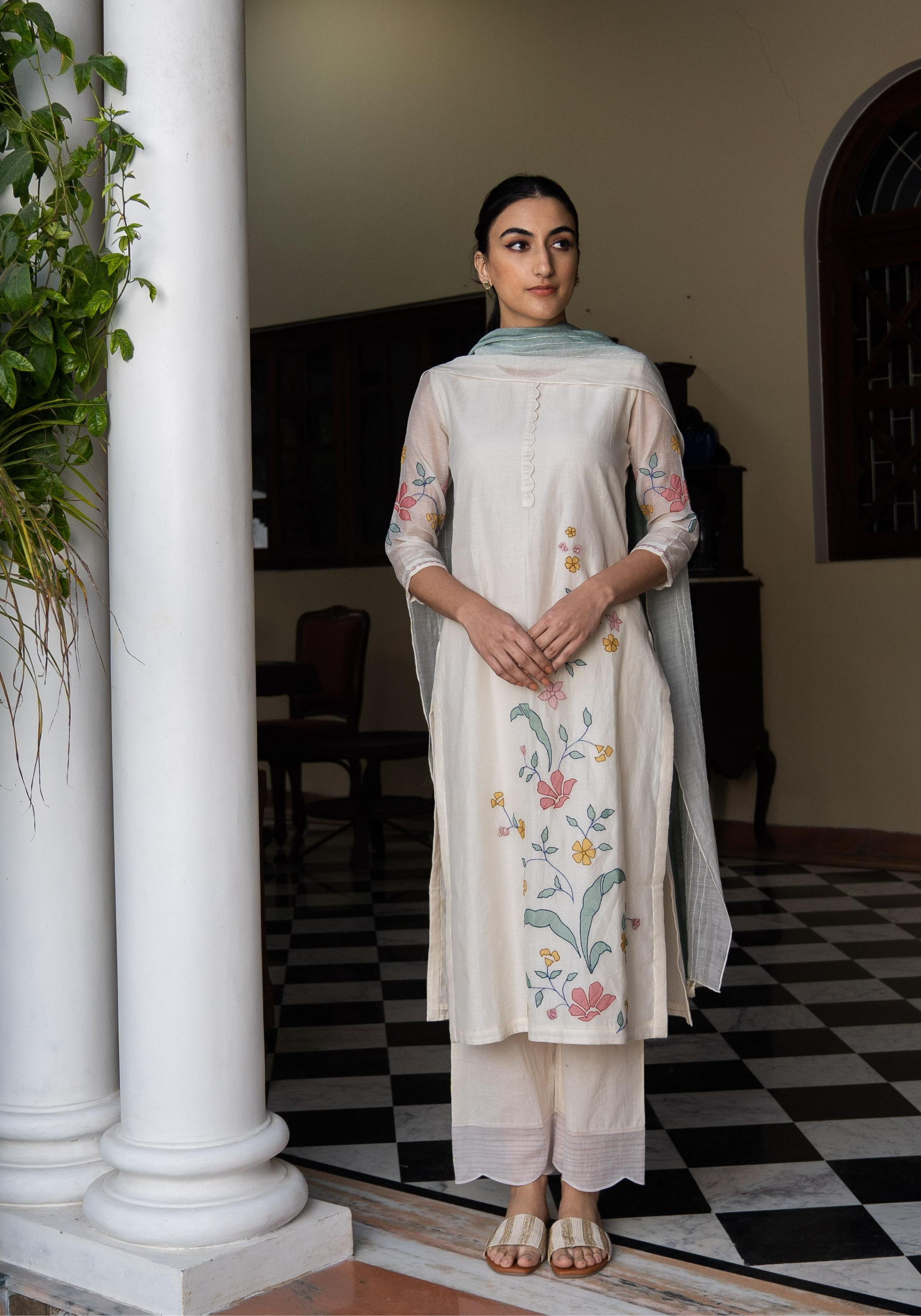 Porcelain and Sage Applique Kurta Set