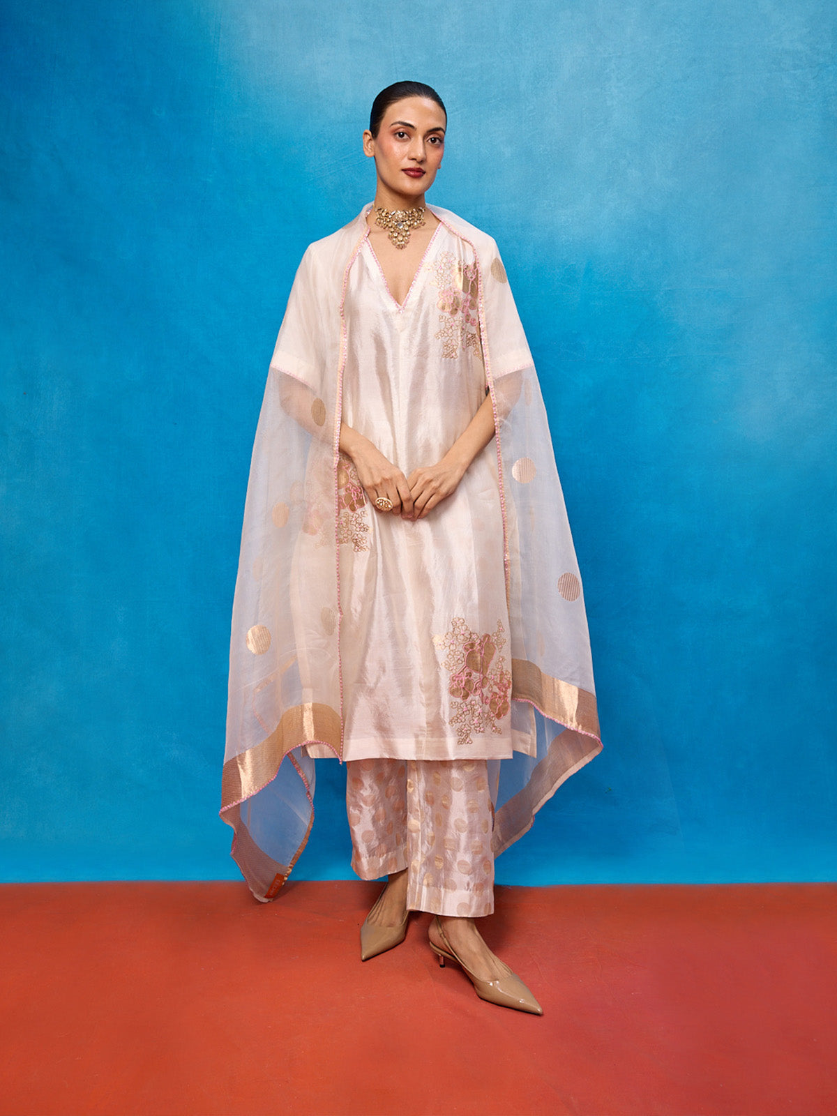 Handwoven Off-white Silk Banarasi Suit Set