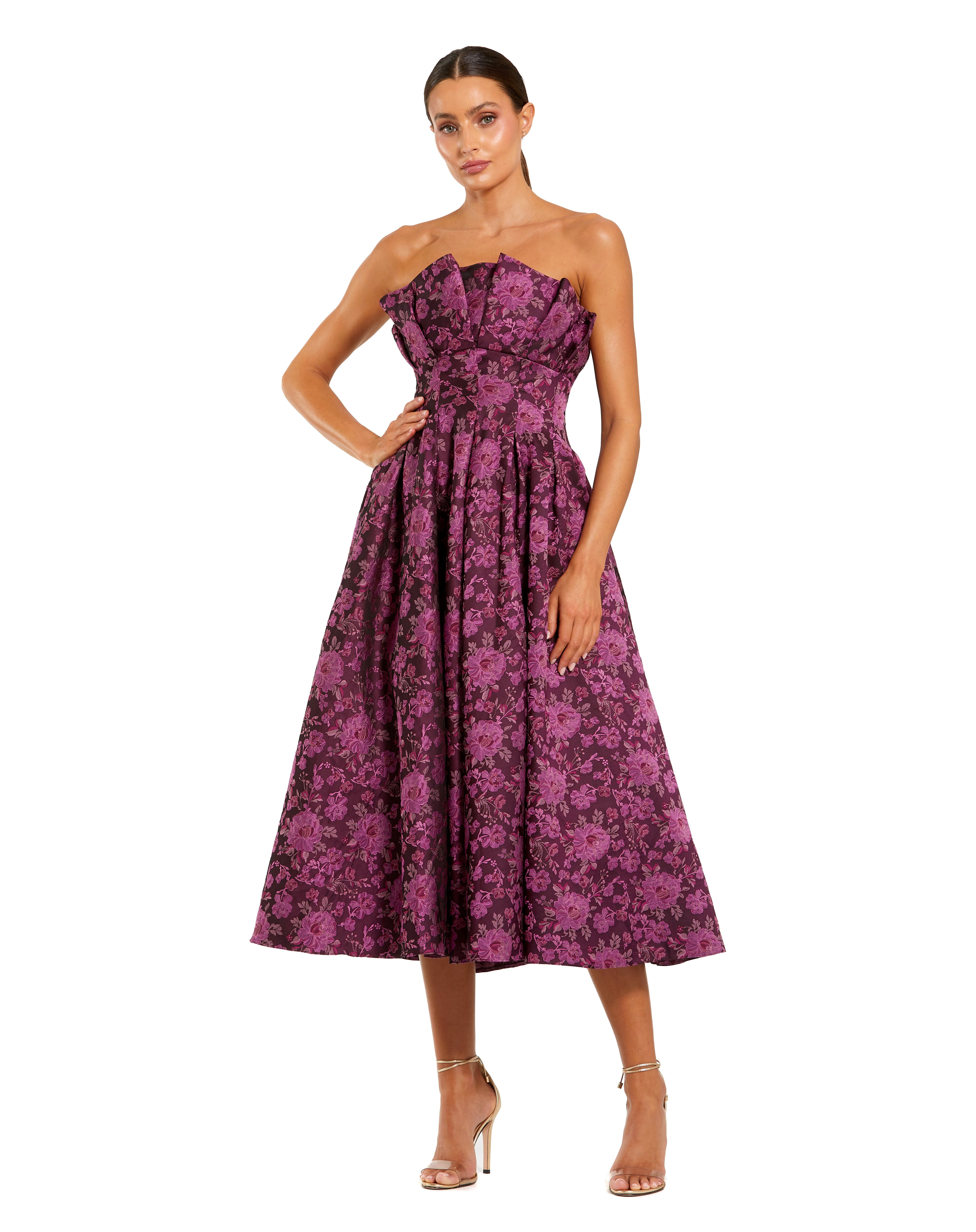 Purple Strapless Floral Brocade A-line Midi Dress