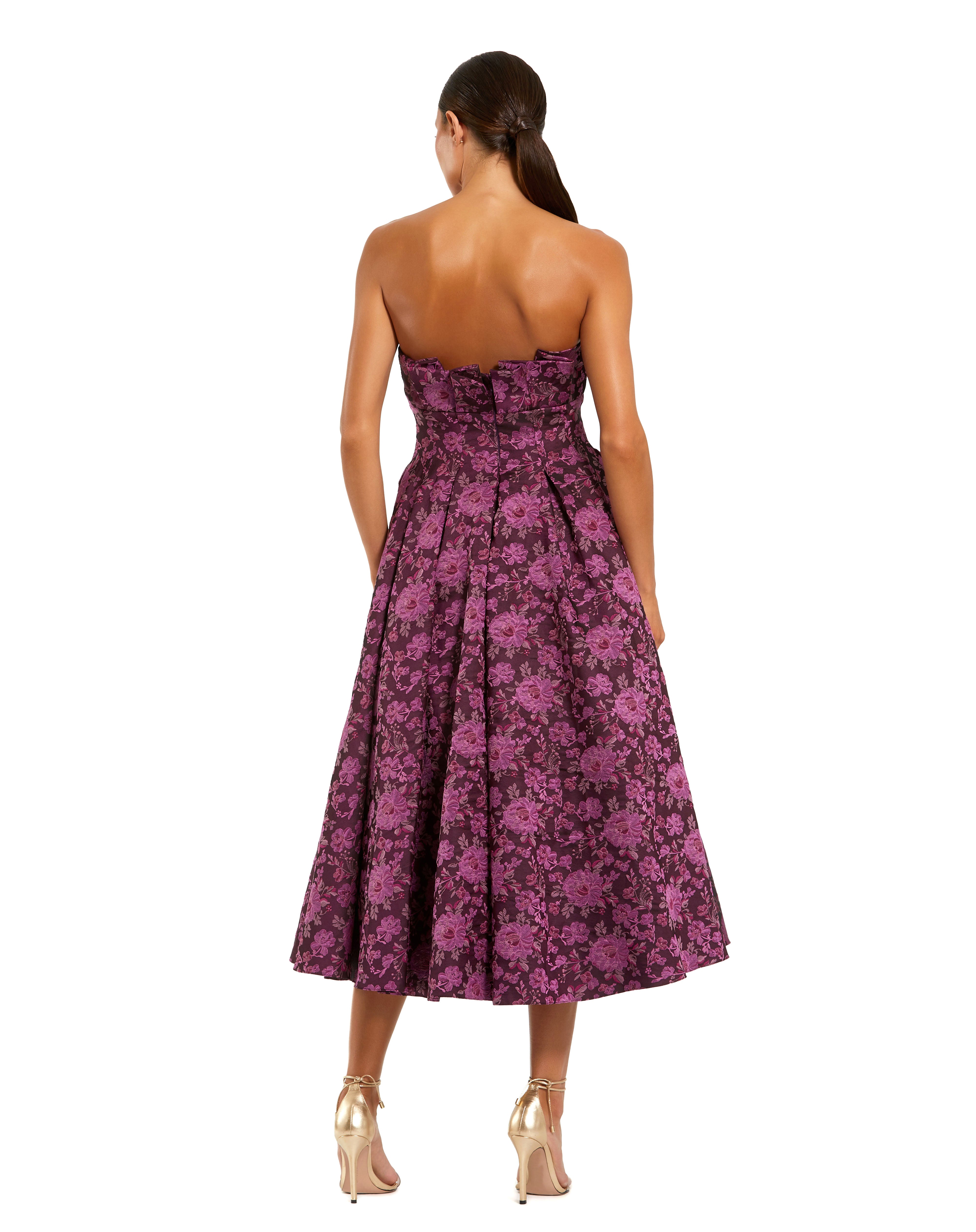 Purple Strapless Floral Brocade A-line Midi Dress