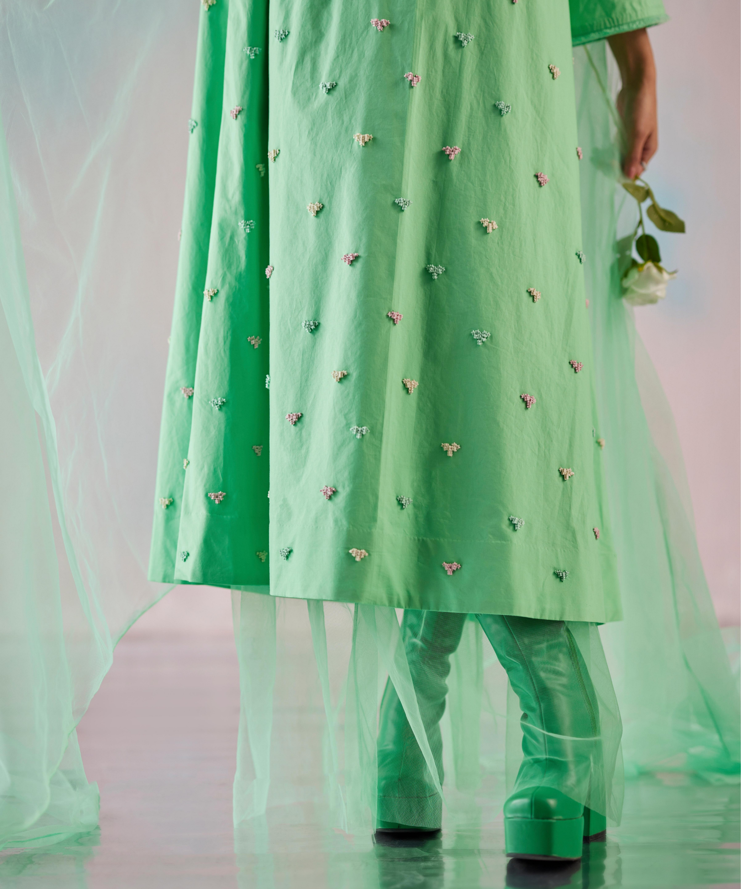 Green Apple Poplin Foam Heart Emb A-line Dress