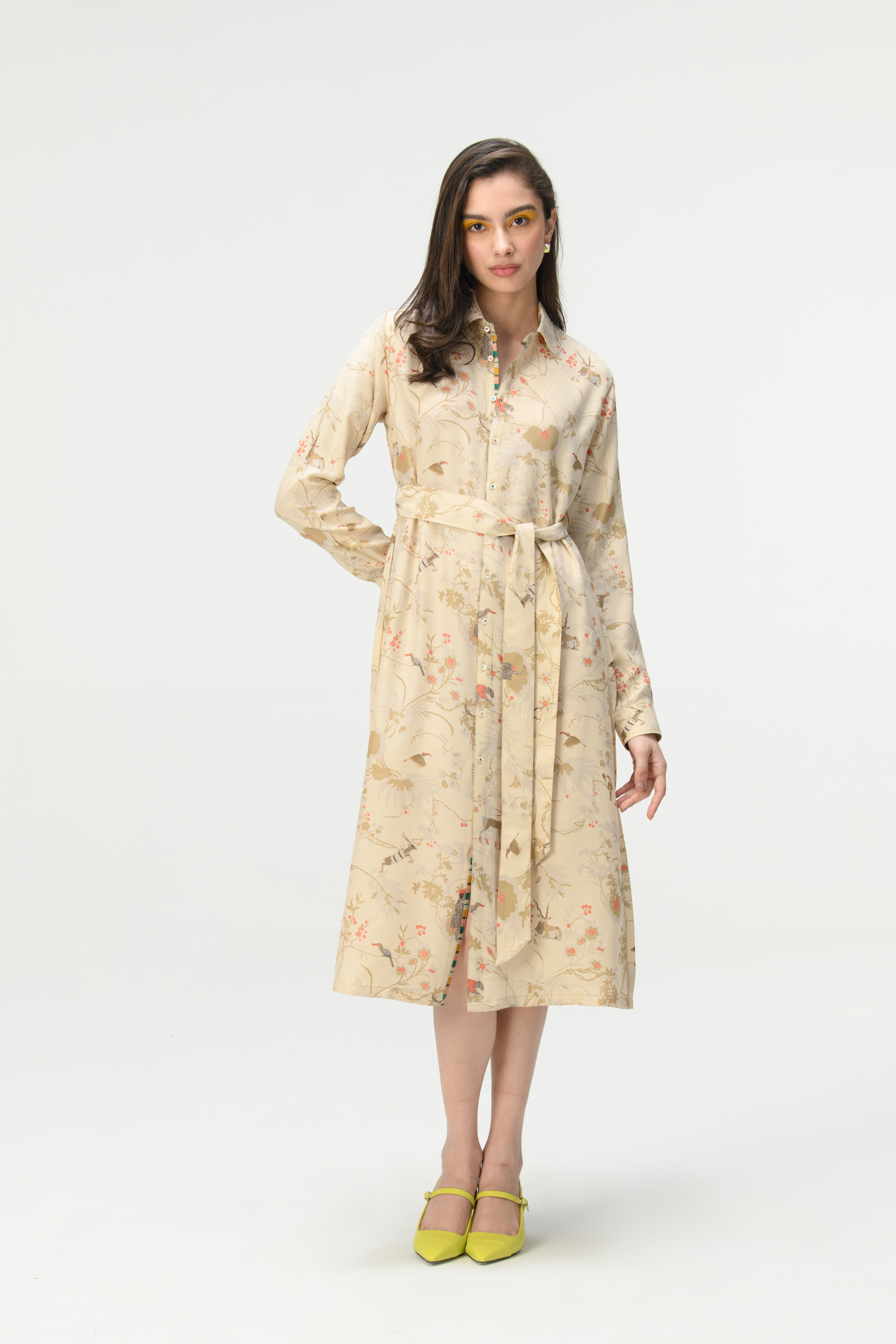 Rainforest Tie Belt Shirt Dress Ivory Muga Satin Silk