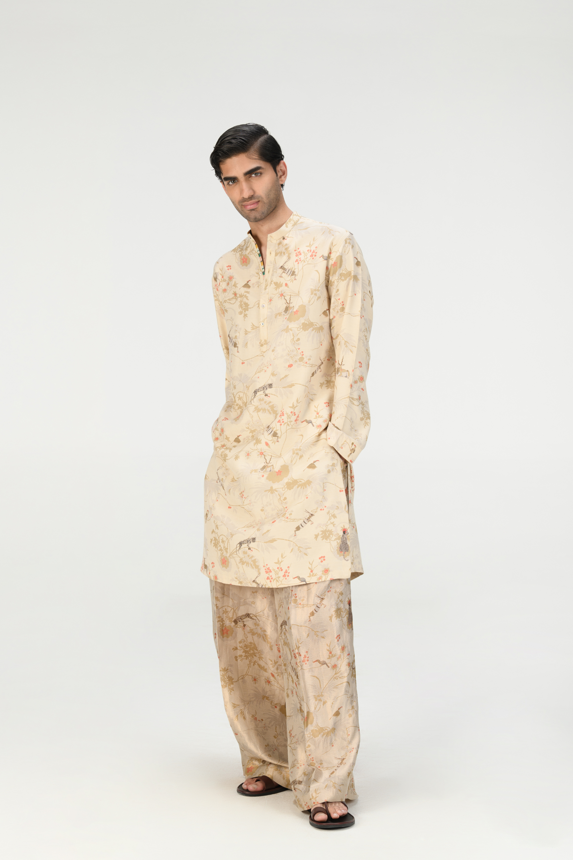 Rainforest Bade Miyan Kurta Ivory Muga Satin Silk
